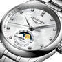 Close-up of the Longines Master Collection Moonphase wristwatch, featuring a silver case, white dial, diamond indexes, and a moonphase subdial with sun and moon design.