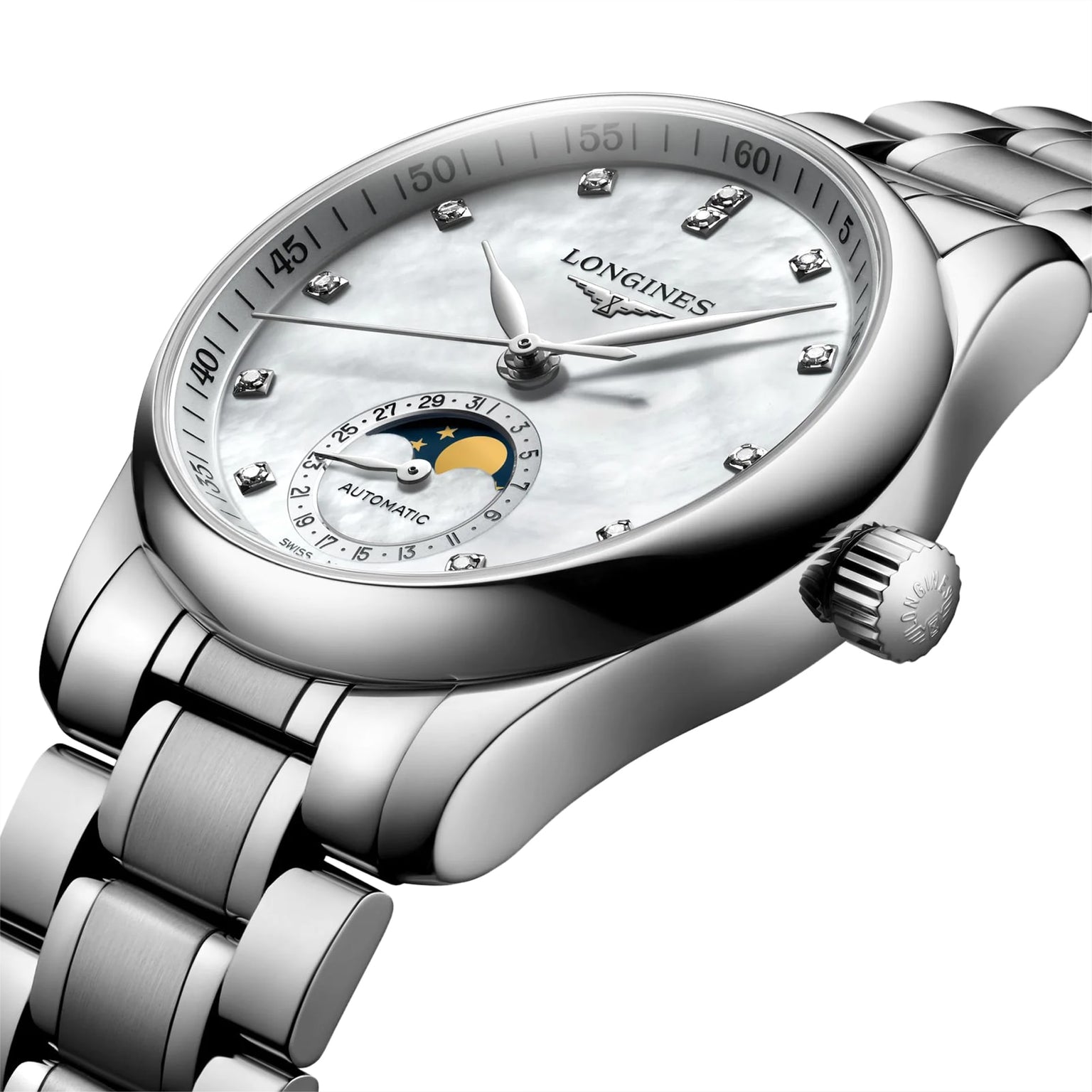 The Longines Master Collection Moonphase is a silver wristwatch with a metal band, diamond indexes, a white dial, moonphase display, and precise automatic movement.