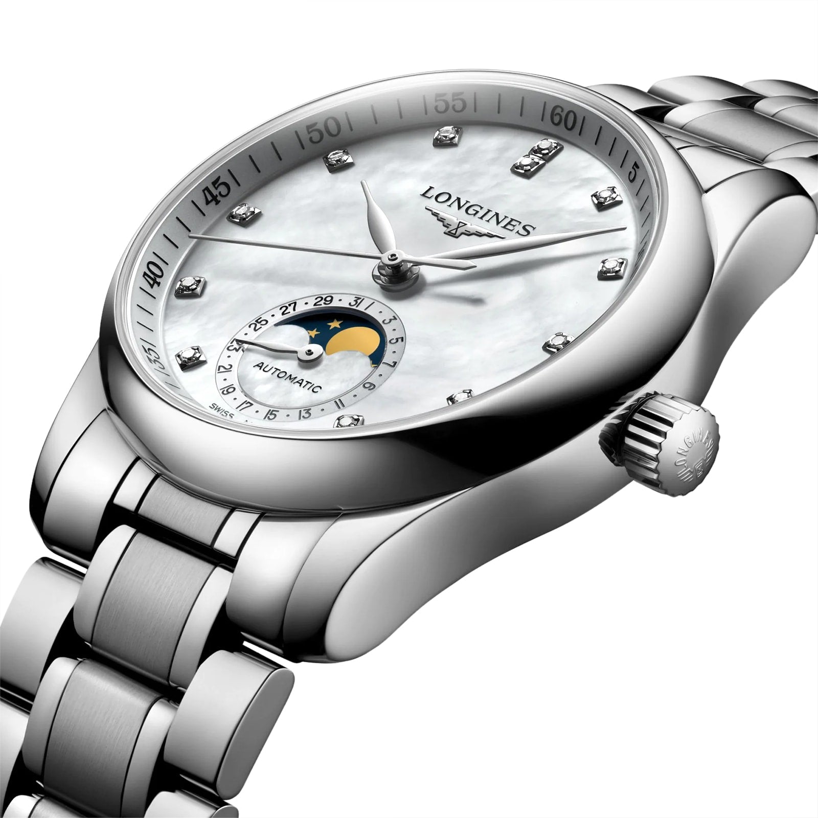 The Longines Master Collection Moonphase is a silver wristwatch with a metal band, diamond indexes, a white dial, moonphase display, and precise automatic movement.