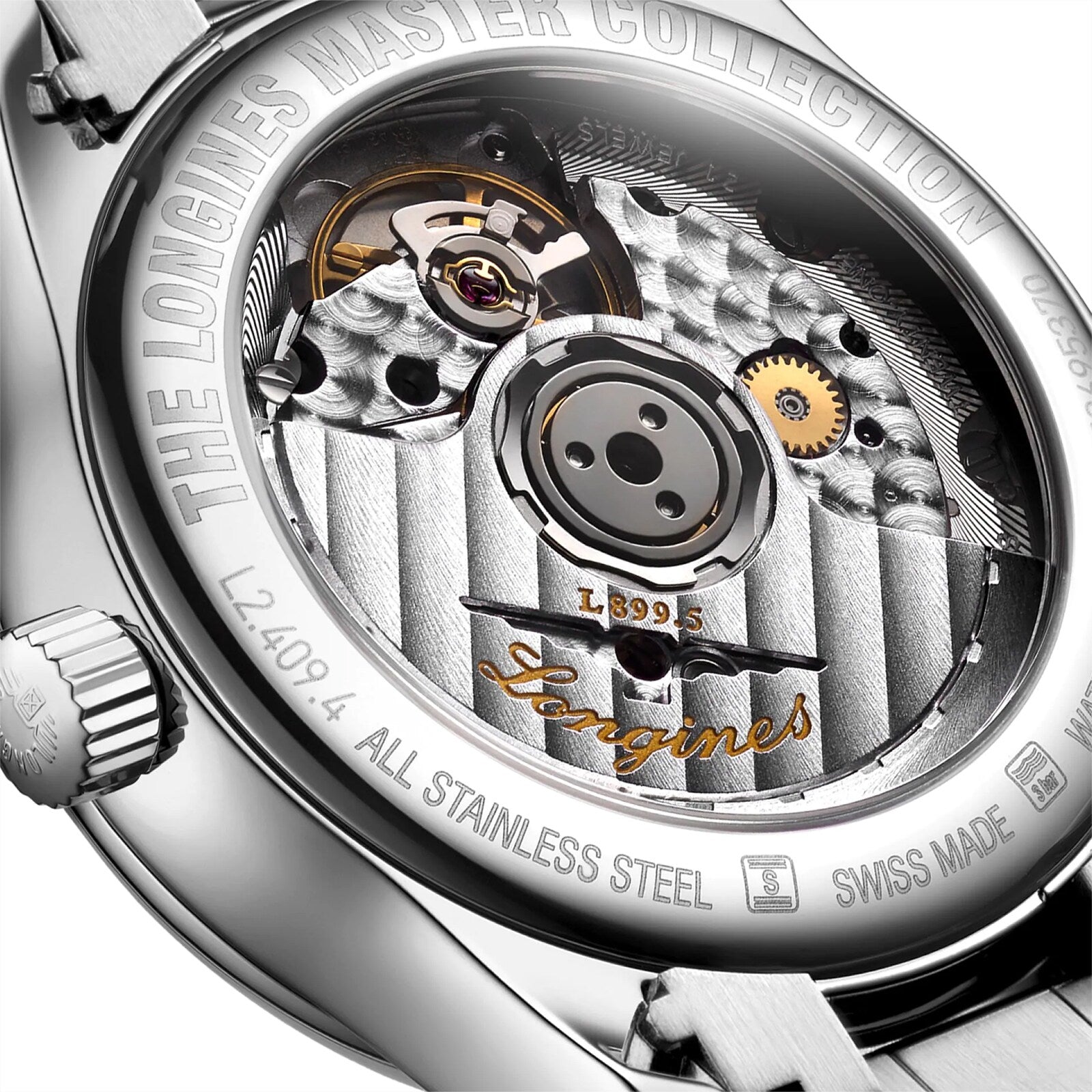 Close-up of the Longines Master Collection Moonphases case back, showing the automatic movement through sapphire crystal and engraved branding with technical details on the stainless steel rim.