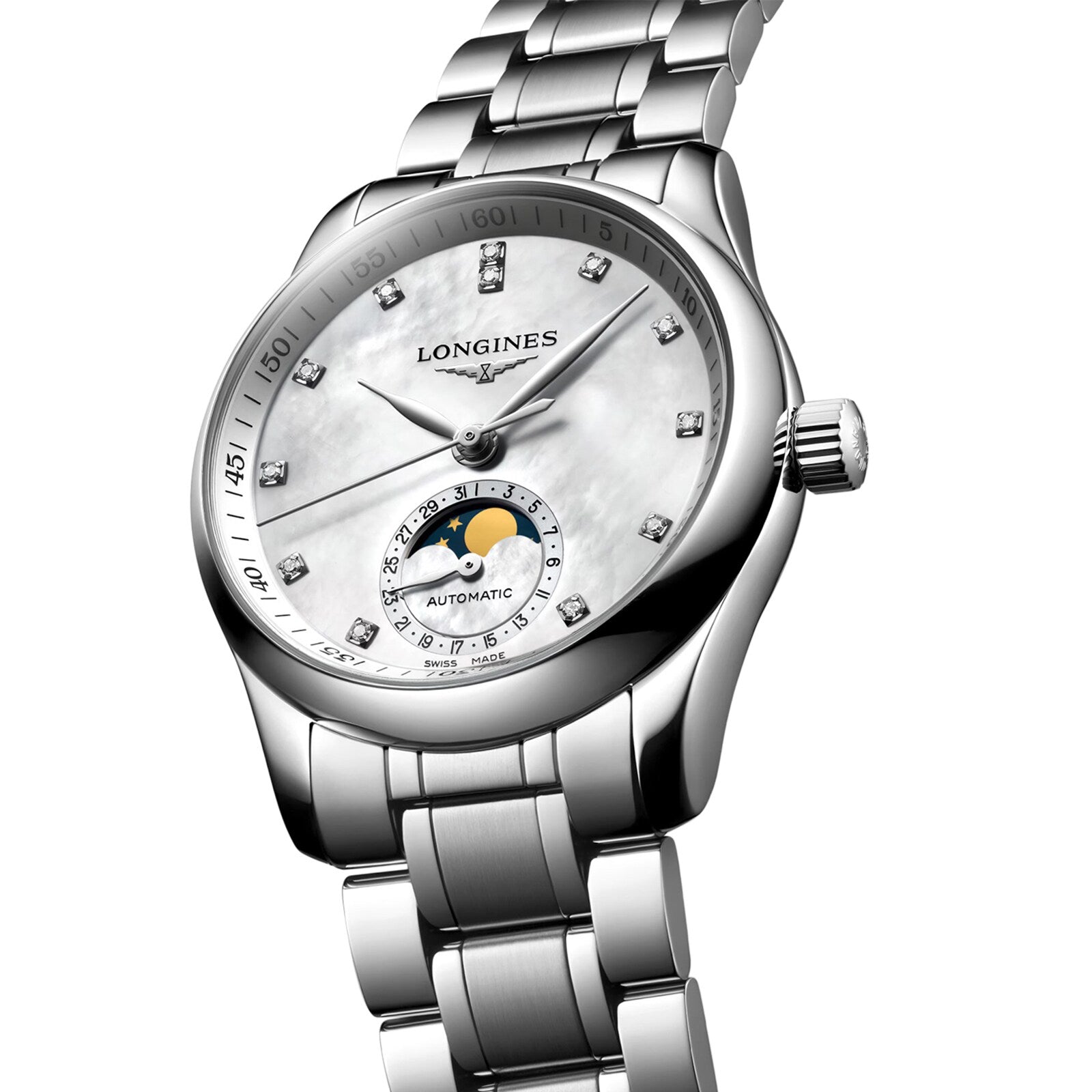 The Longines Master Collection Moonphase features a silver case, mother-of-pearl dial with diamond indexes, moon phase subdial, automatic movement, and a stainless steel bracelet.