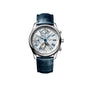 The Longines Master Collection Chrono Moonphase is a luxury wristwatch with a blue leather strap, silver case, white dial, chronograph features, Roman numerals, subdials, and a moon phase display.