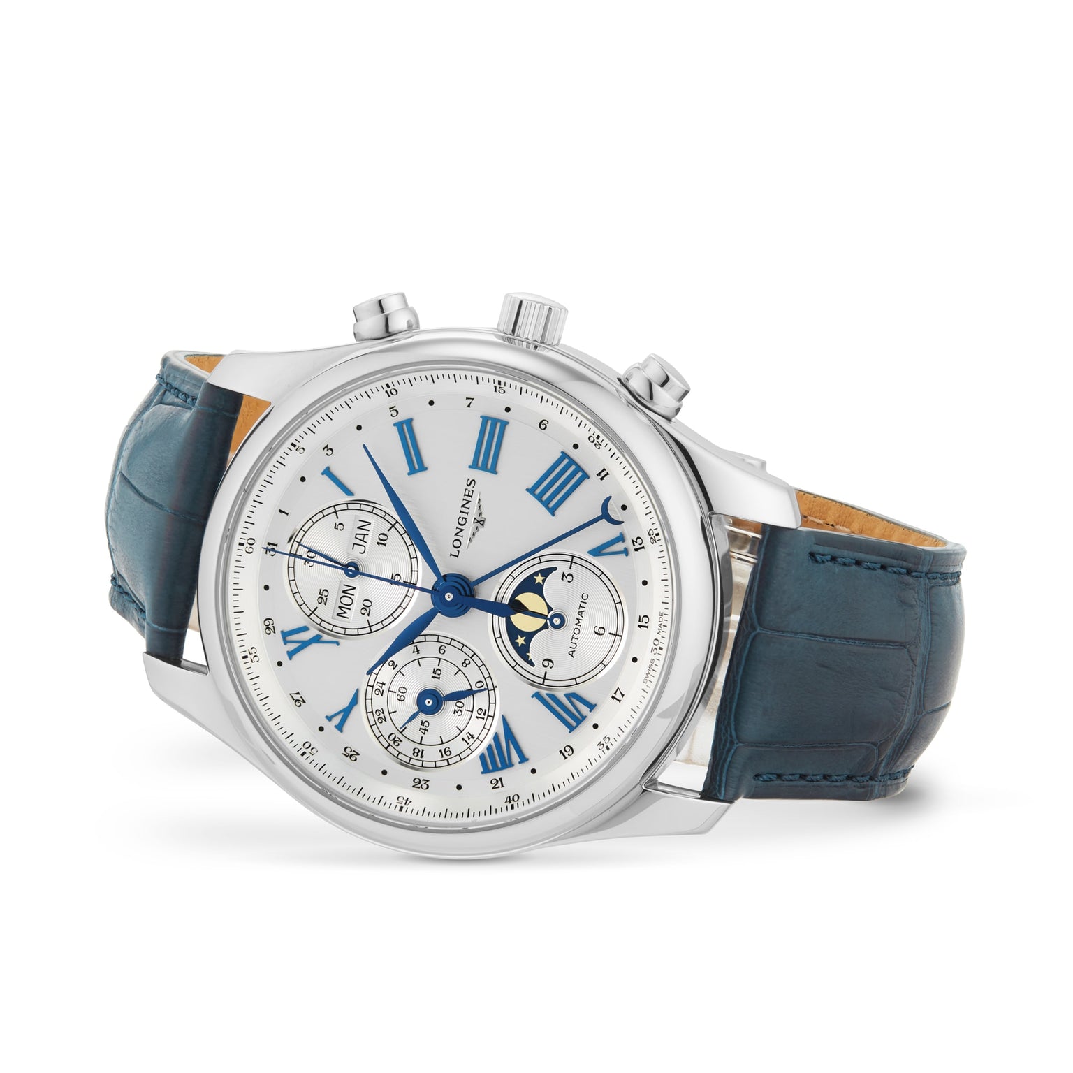 The Longines Master Collection Chrono Moonphase features a silver case, blue leather strap, white dial with blue Roman numerals, three subdials, moon phase indicator, and is powered by the precise L687 calibre movement.