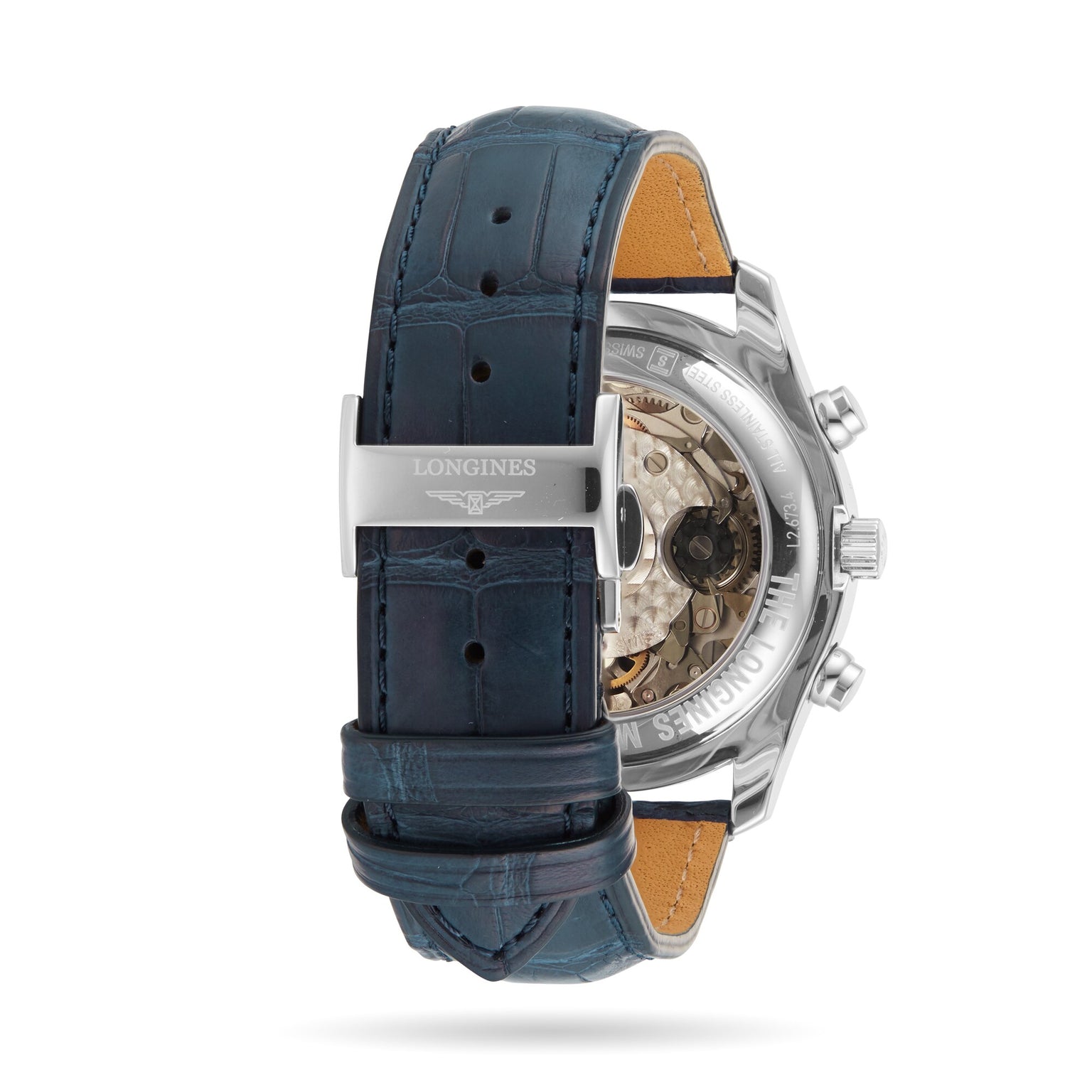 Close-up of the Longines Master Collection Chrono Moonphase wristwatch featuring a blue leather strap, silver clasp, and the L687 calibre movement visible through its transparent case back.