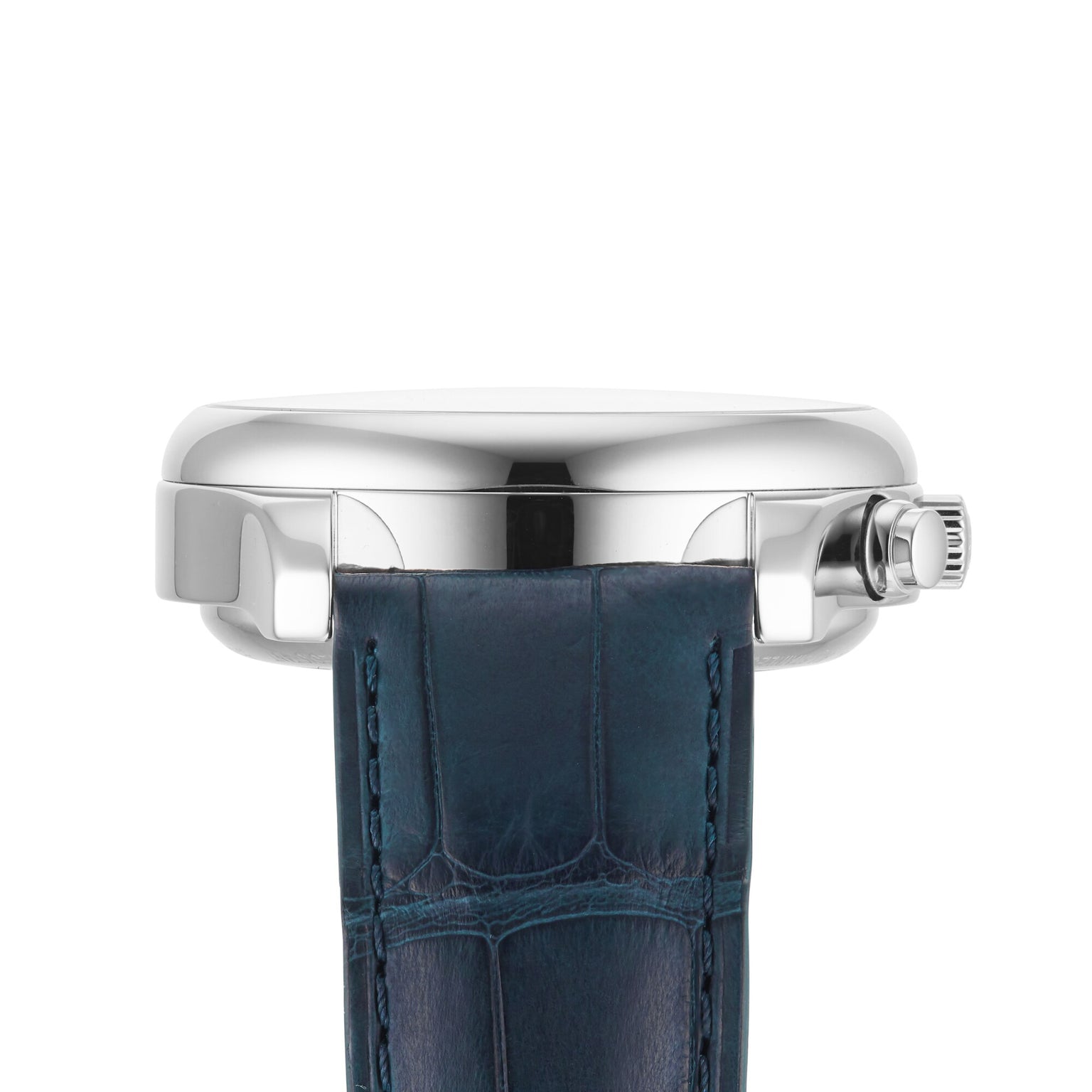 Side view of the Longines Master Collection Chrono Moonphase: a silver case with winding crown, blue leather strap, and powered by an L687 calibre movement.