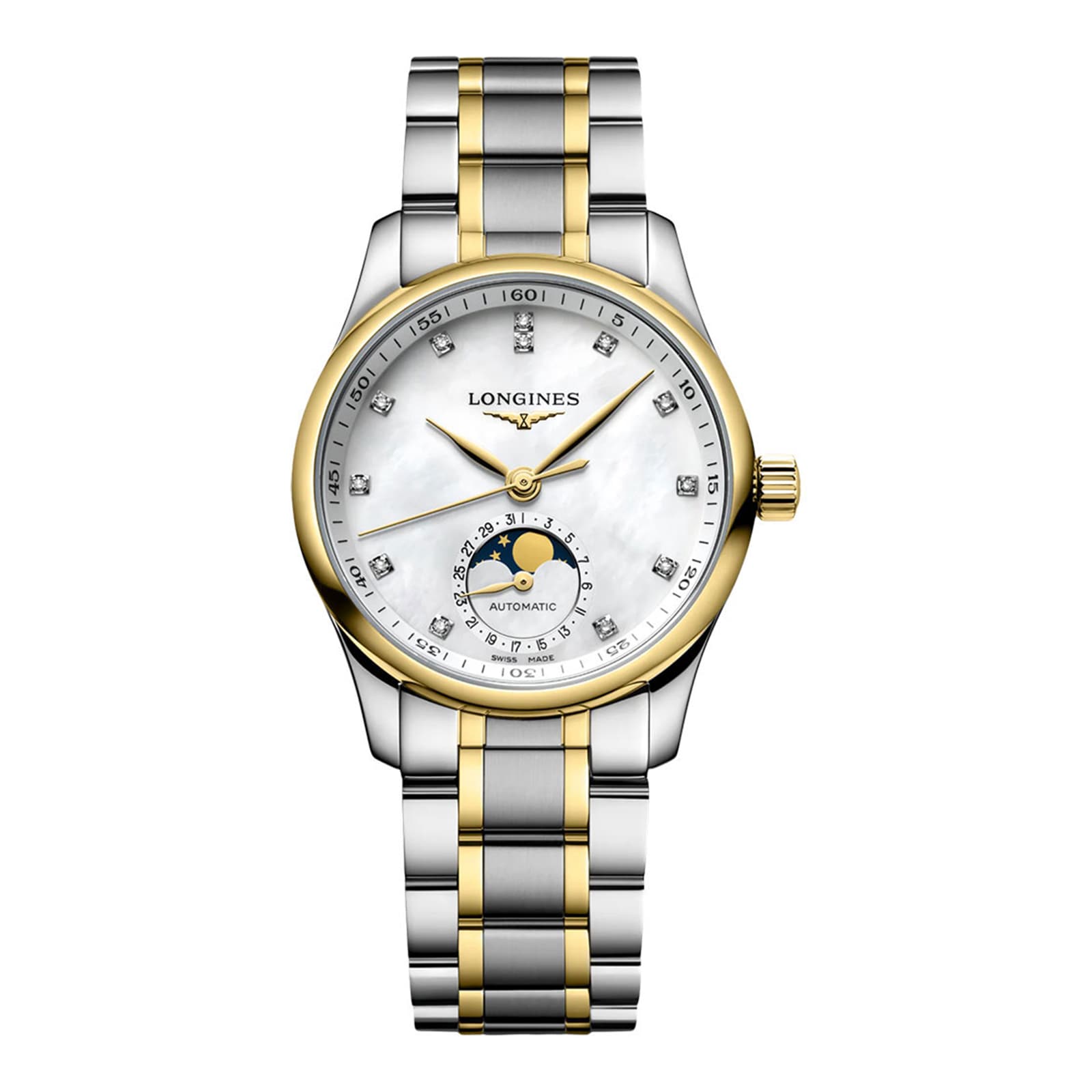 The Longines Master Collection Moonphase is a two-tone silver and gold wristwatch featuring a white dial, diamond hour markers, date numerals around the edge, and a moonphase display above 6 o’clock.
