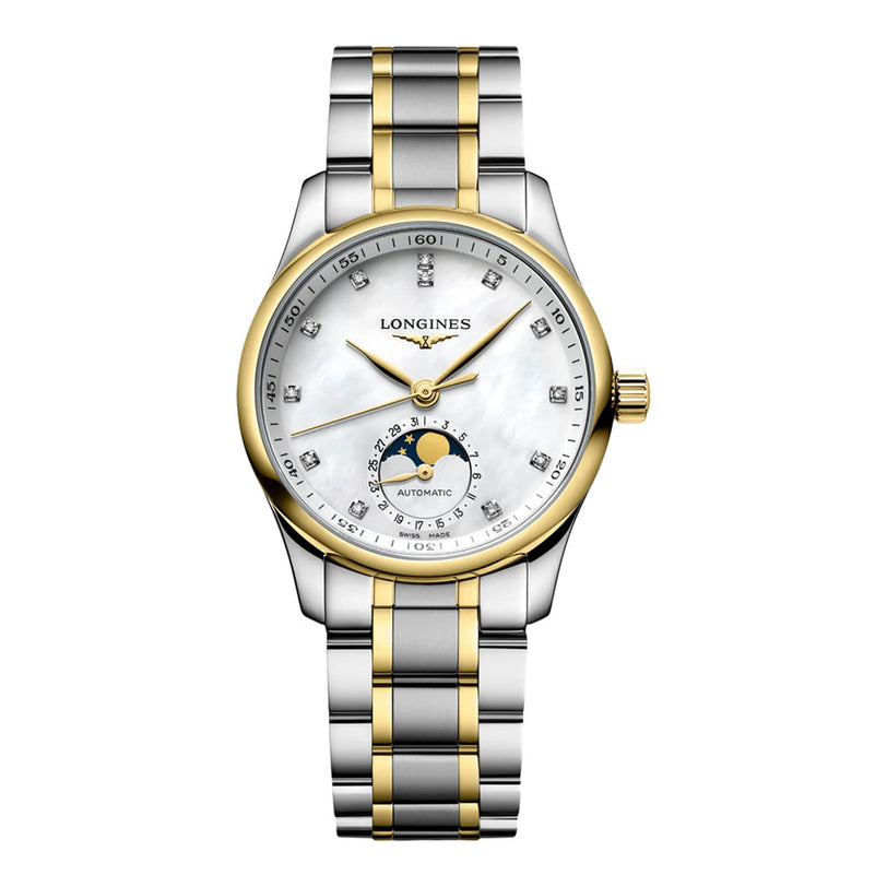 The Longines Master Collection Moonphase is a two-tone silver and gold wristwatch featuring a white dial, diamond hour markers, date numerals around the edge, and a moonphase display above 6 o’clock.