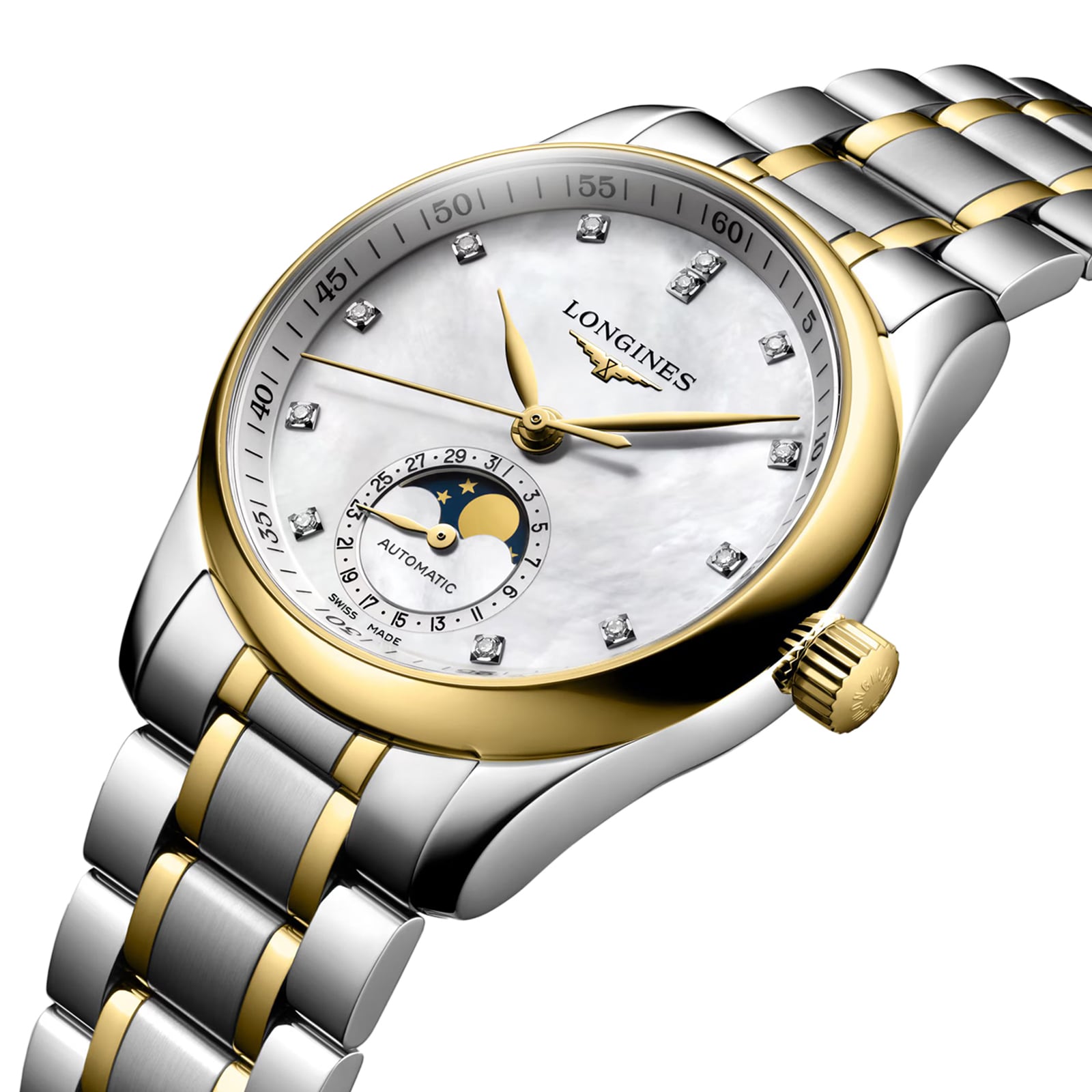 The Longines Master Collection Moonphase is a two-tone wristwatch featuring a white mother-of-pearl dial, diamond hour markers, gold accents, and a striking moonphase subdial.