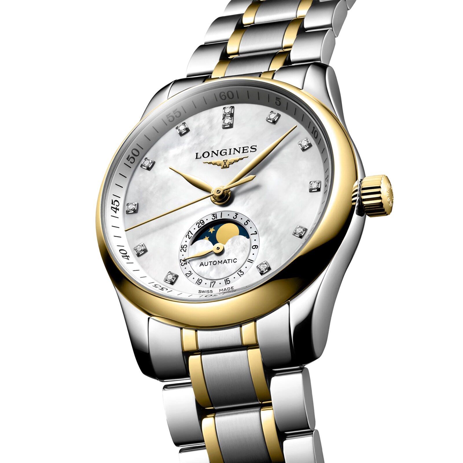 The Longines Master Collection Moonphase is a silver and gold wristwatch featuring a white dial, diamond hour markers, and a striking moonphase display above 6 o’clock.