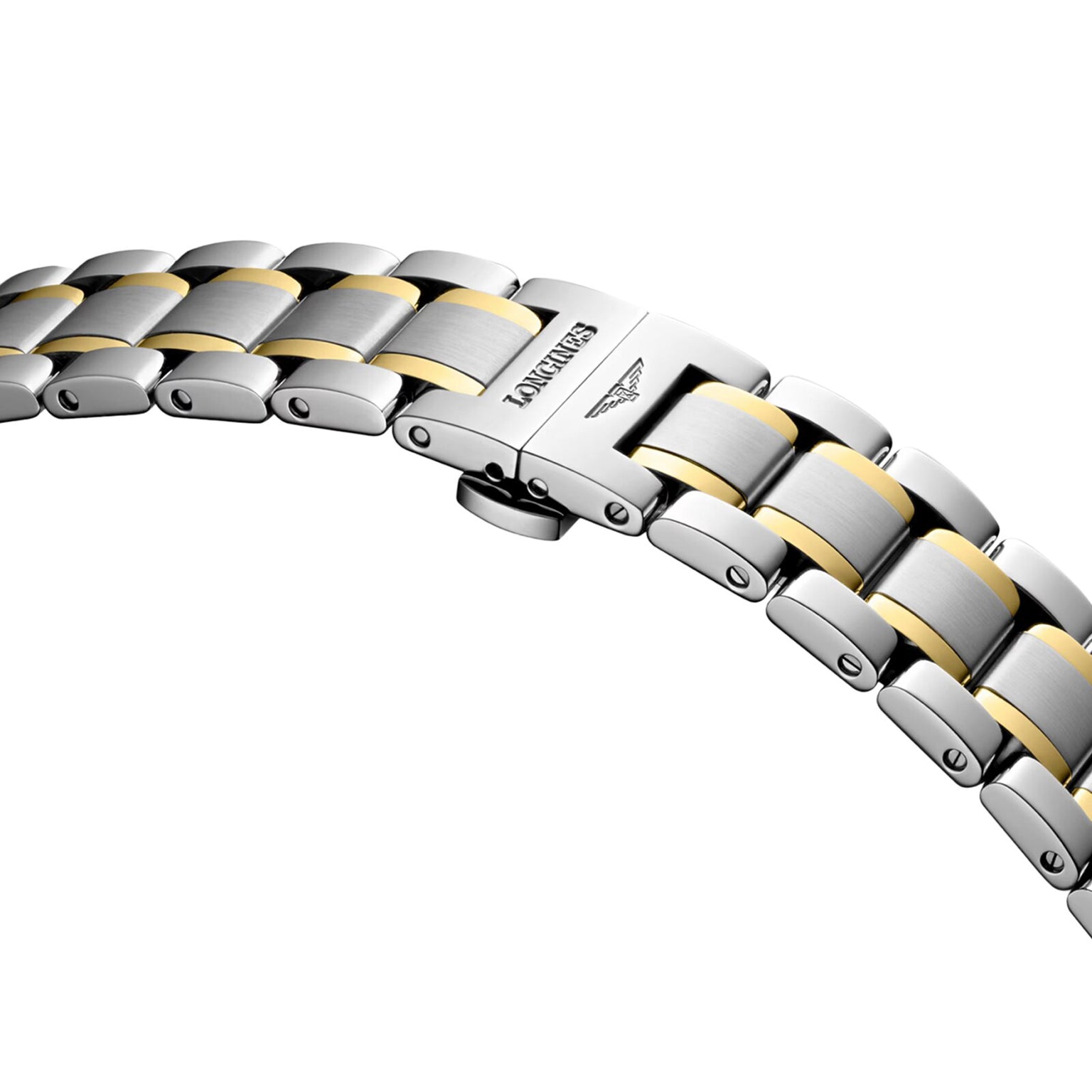 Close-up of a two-tone silver and gold metal bracelet with a clasp engraved with the Longines logo, from the Longines Master Collection Moonphase.