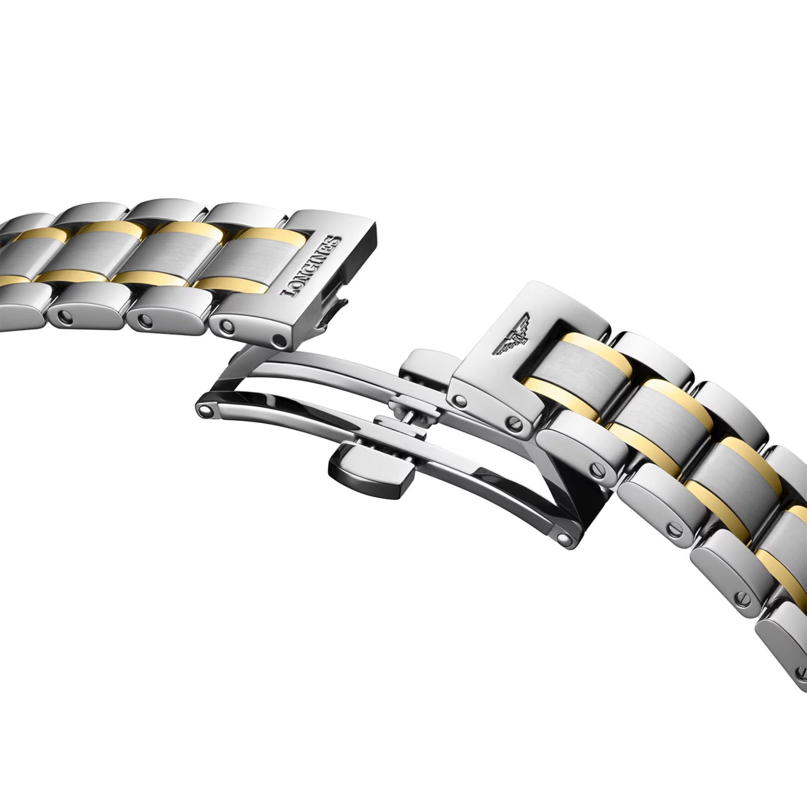 A close-up of a Longines Master Collection Moonphase metal bracelet with silver and gold links, showing a partially open deployment clasp.