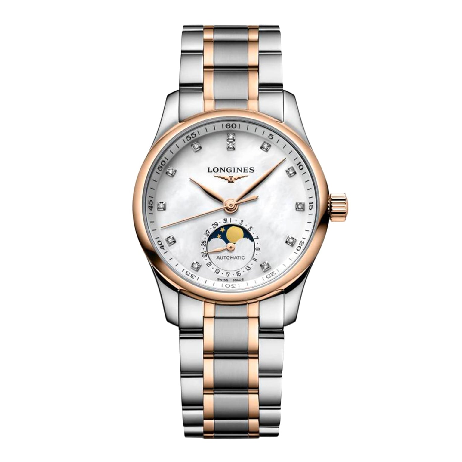 The Longines Master Collection Moonphase features a mother-of-pearl dial, diamond hour markers, date display, moon phase subdial, and a two-tone silver and rose gold bracelet.