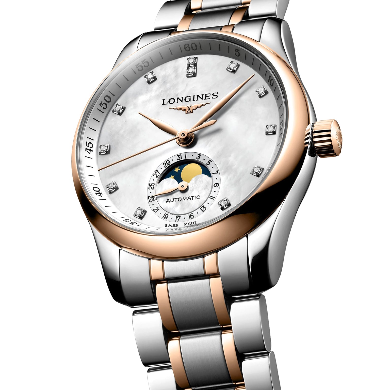 The Longines Master Collection Moonphase wristwatch features a mother-of-pearl dial, diamond indexes, gold accents, and a moon phase display above the 6 o’clock position.