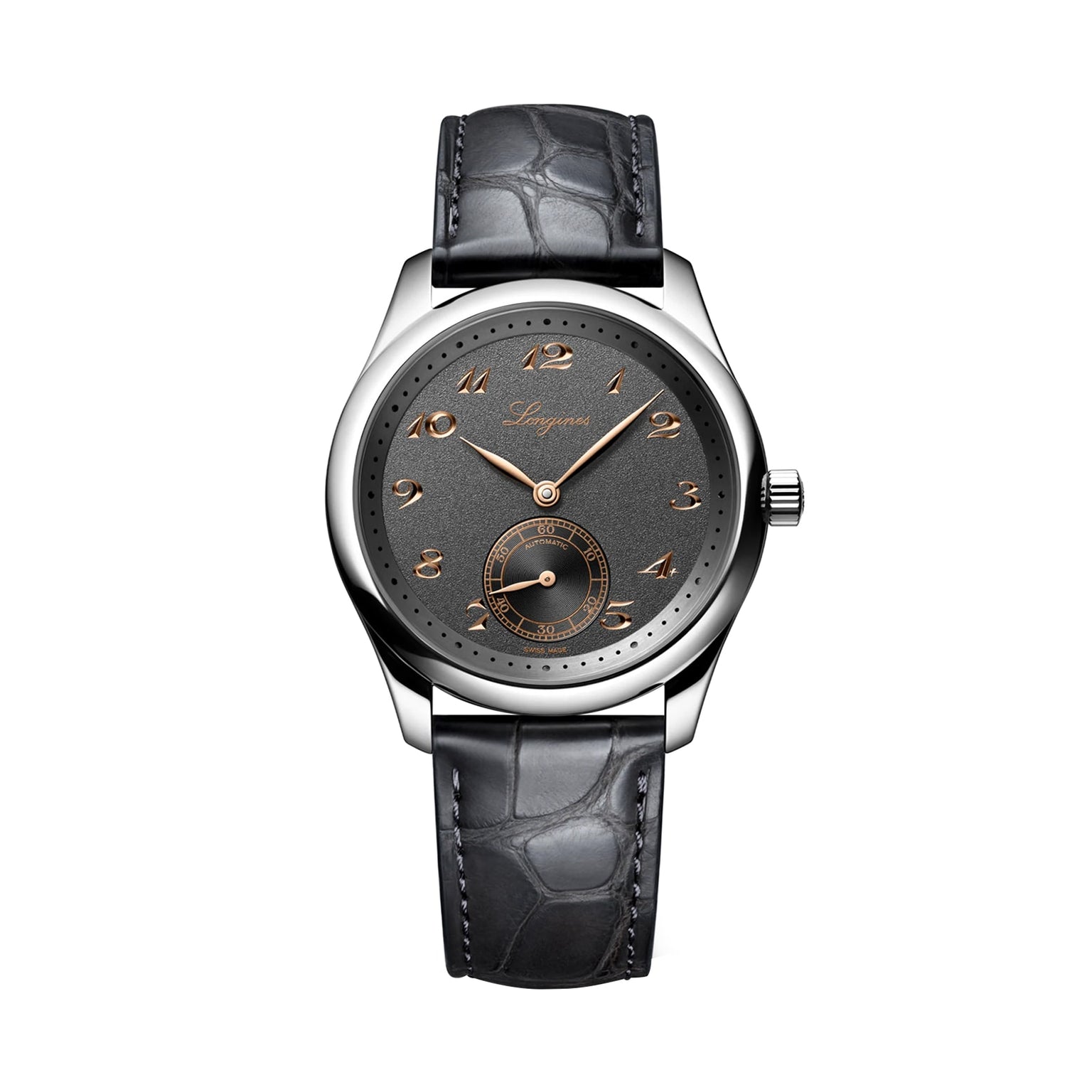 The Longines Master Collection luxury wristwatch features an anthracite dial, gold hour markers, a small seconds subdial, and a black leather strap, displayed on a white background.