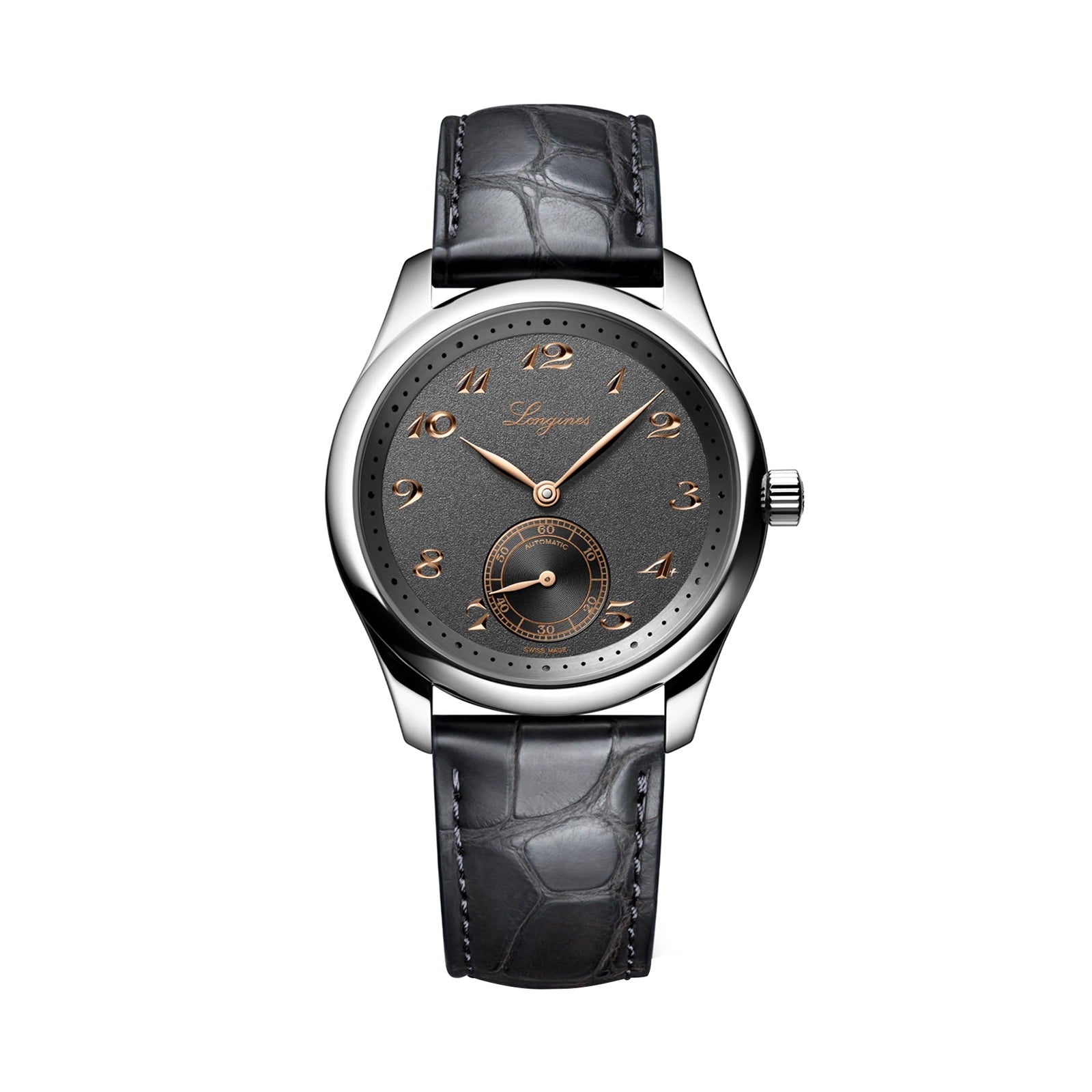 The Longines Master Collection luxury wristwatch features an anthracite dial, gold hour markers, a small seconds subdial, and a black leather strap, displayed on a white background.