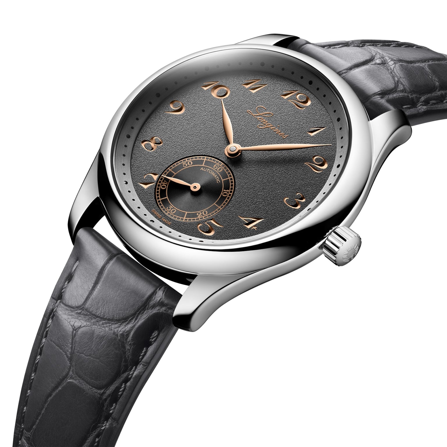 A close-up of the Longines Master Collection wristwatch, featuring a black leather strap, anthracite dial with gold Arabic numerals, silver case, and displaying hours, minutes, and a small seconds subdial.