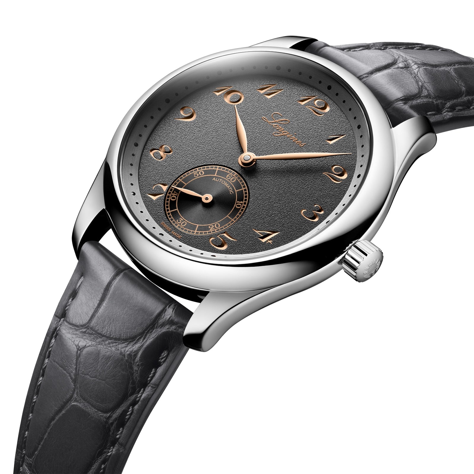 A close-up of the Longines Master Collection wristwatch, featuring a black leather strap, anthracite dial with gold Arabic numerals, silver case, and displaying hours, minutes, and a small seconds subdial.