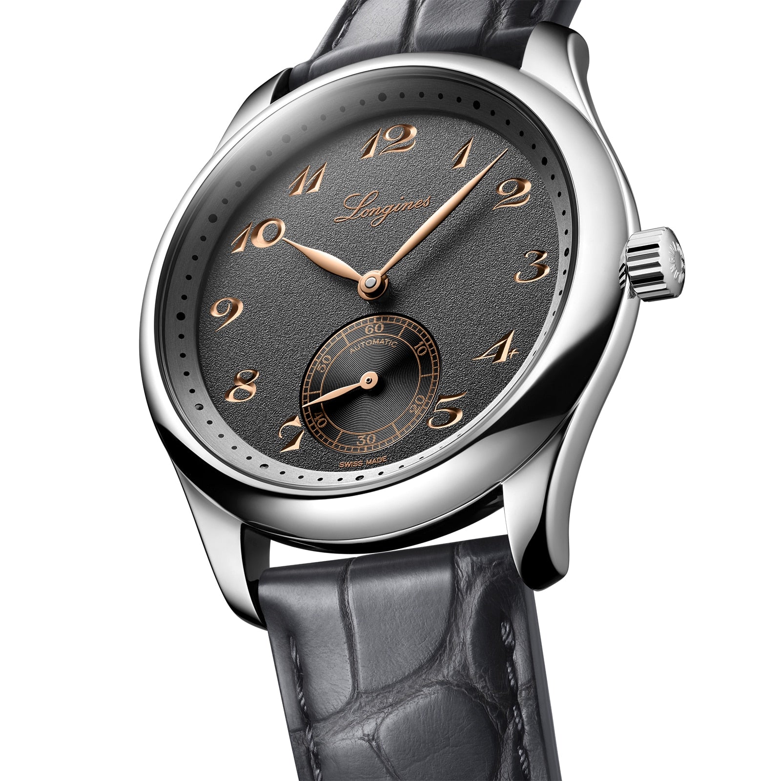 The Longines Master Collection watch features a silver case, black leather strap, anthracite dial with gold Arabic numerals, small seconds at 6 oclock, and is powered by the L893 automatic movement.