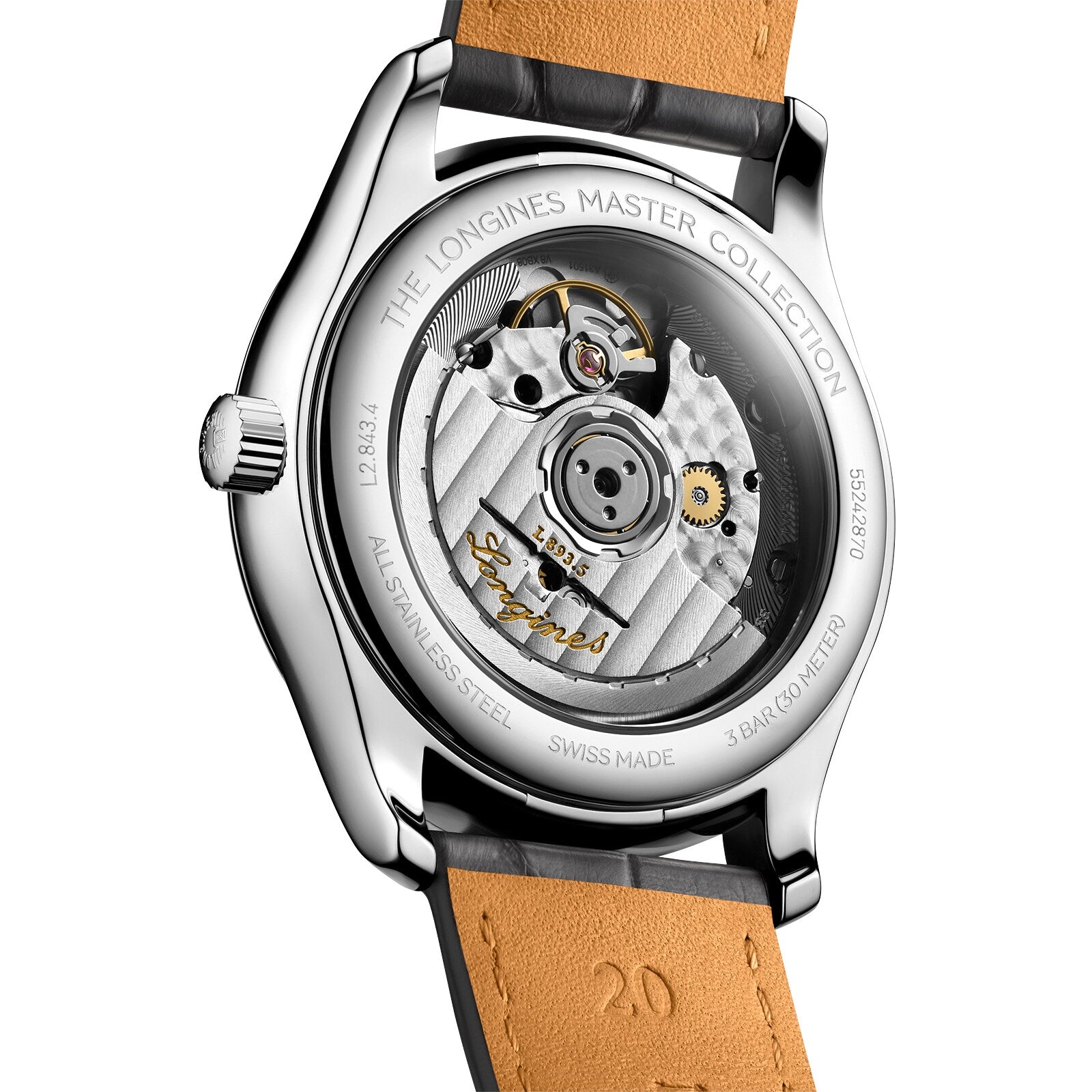 Close-up of the Longines Master Collection watch, featuring a transparent case back that reveals the automatic movement and engraved logo, paired with a brown leather strap.