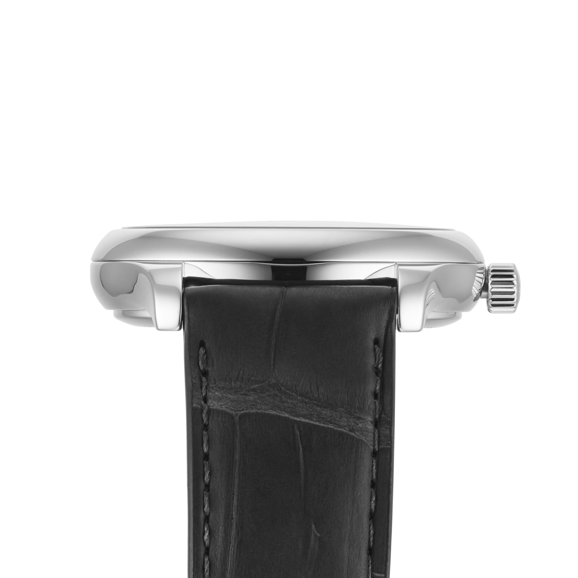Close-up side view of the Longines Master Collection wristwatch featuring a black leather strap, silver case, and anthracite dial with L893 automatic movement, set against a white background.