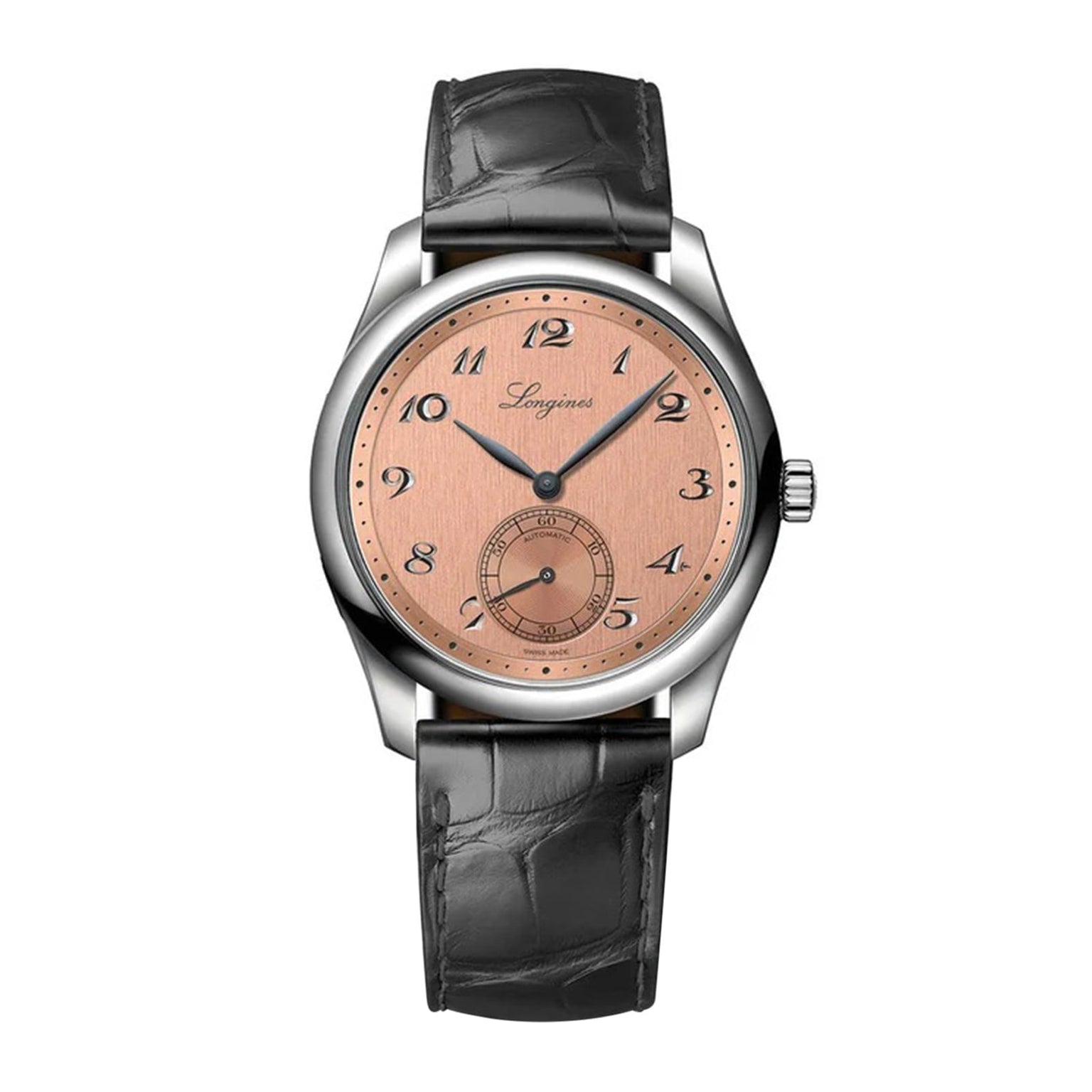The Longines Master Collection wristwatch features a salmon pink dial, black Arabic numerals, a 6 o’clock subdial, self-winding movement, and a black leather strap.