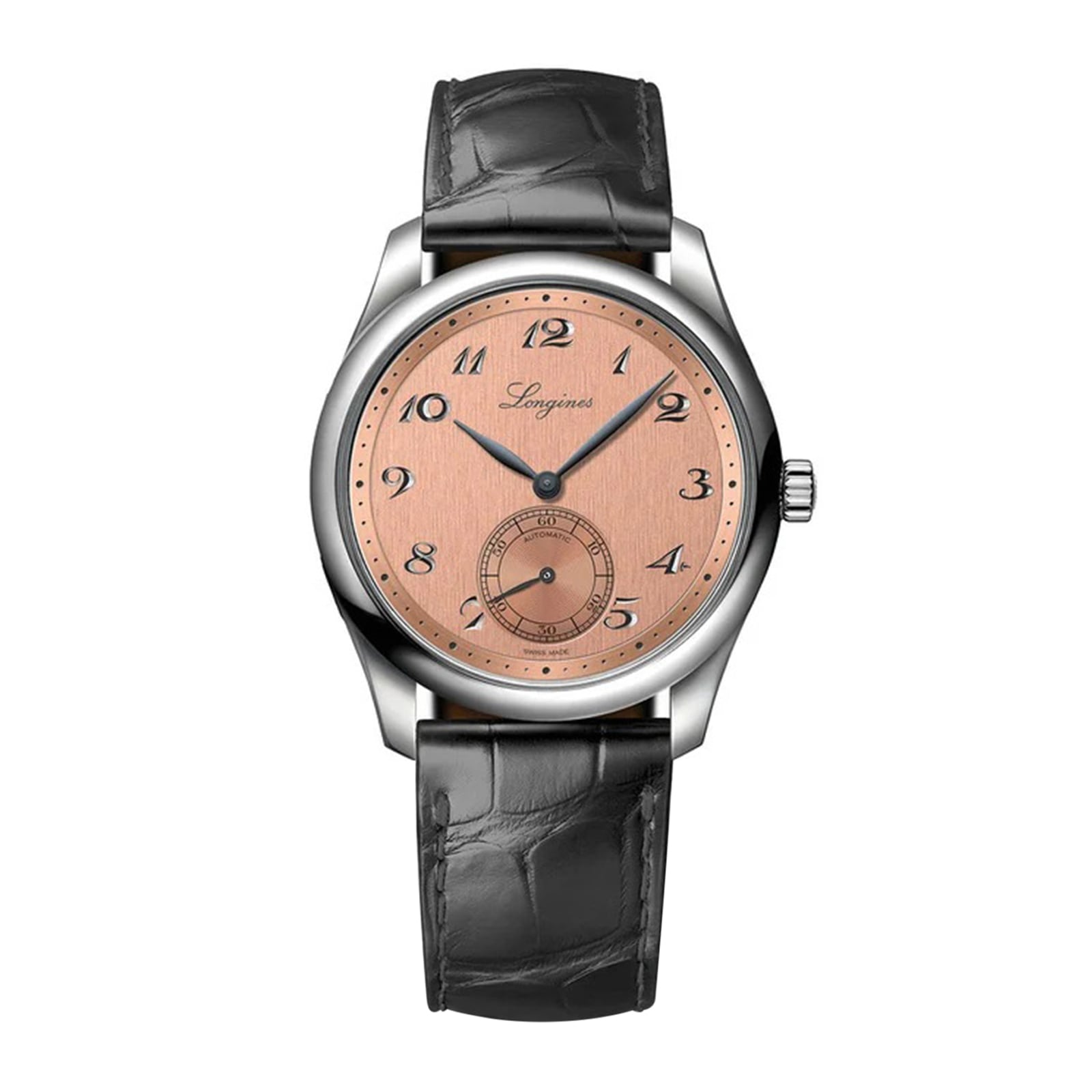 The Longines Master Collection wristwatch features a salmon pink dial, black Arabic numerals, a 6 o’clock subdial, self-winding movement, and a black leather strap.