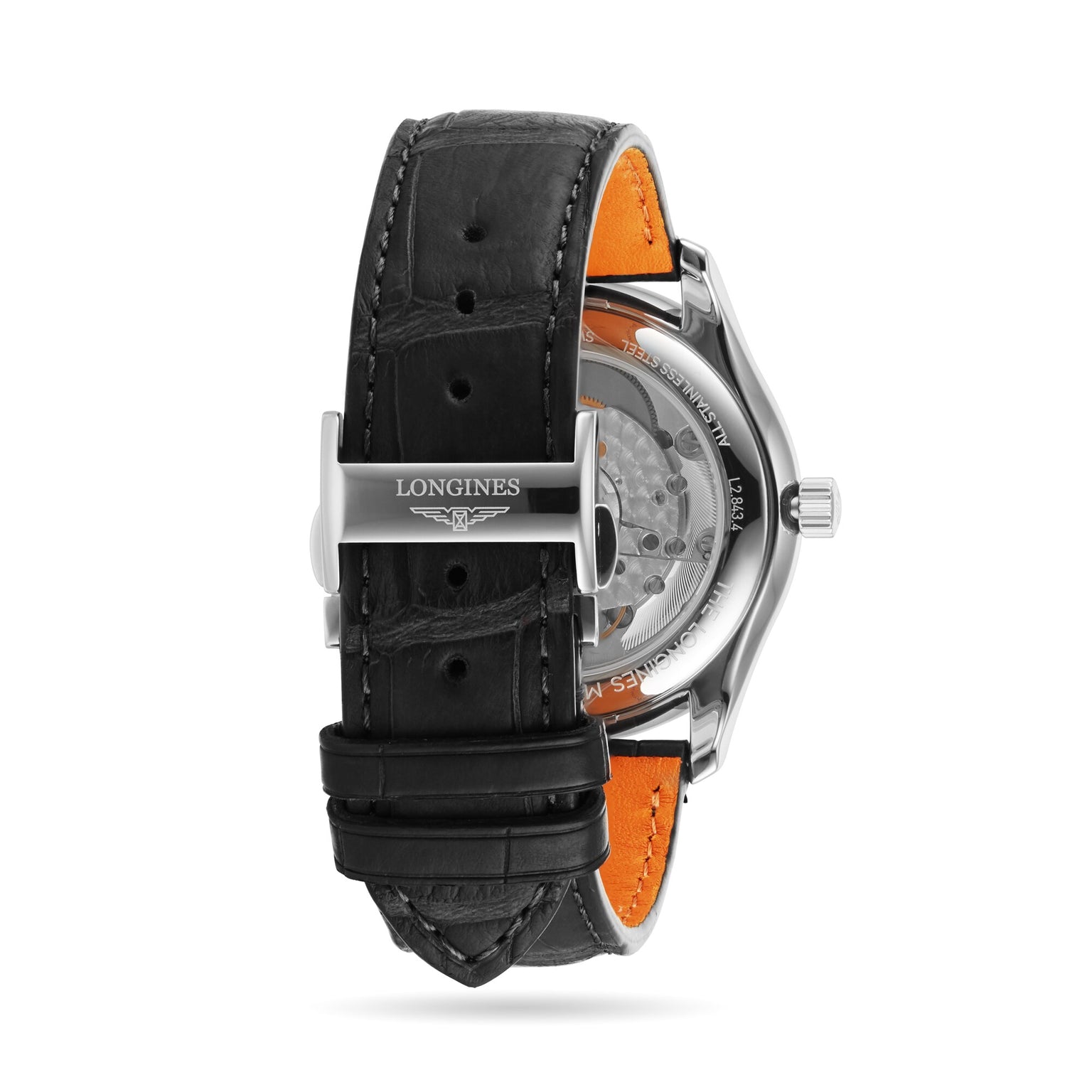 Back view of the Longines Master Collection watch with black leather strap, orange lining, and branded stainless steel clasp. Showcases refined self-winding movement for precise timekeeping.