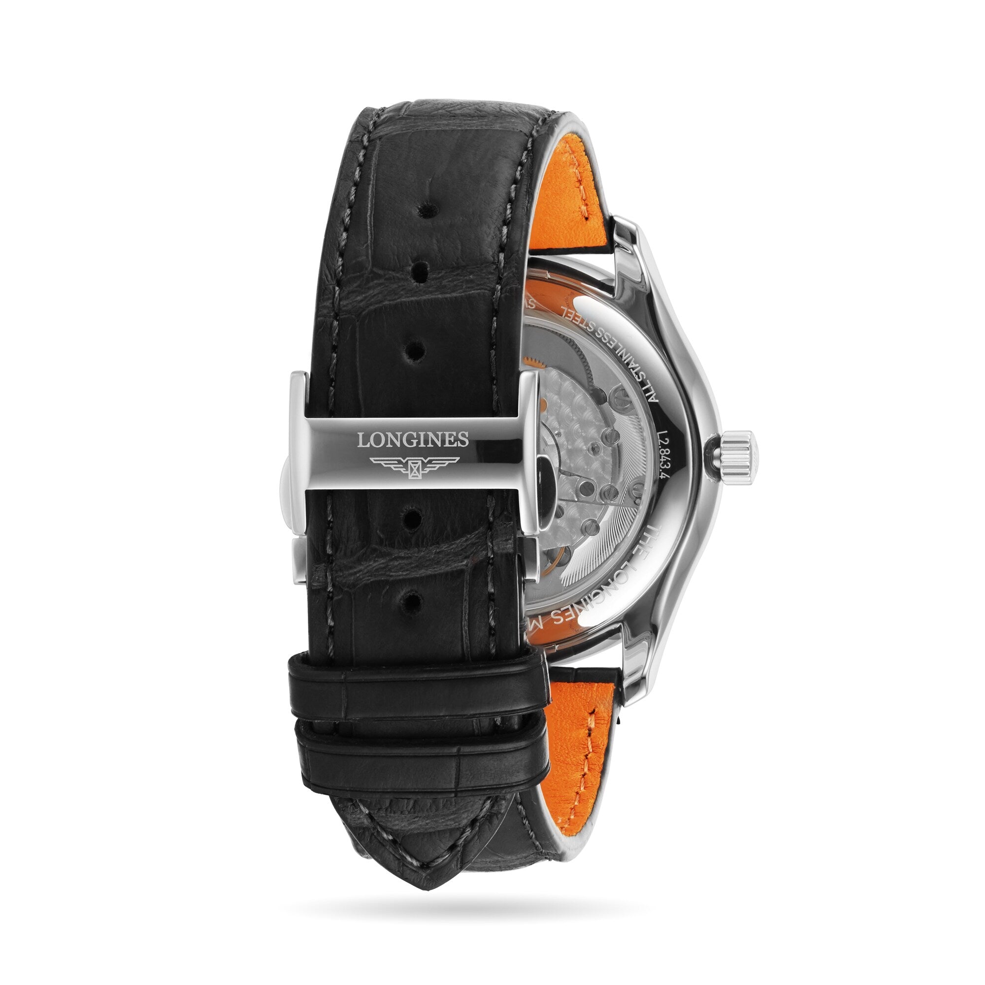 Back view of the Longines Master Collection watch with black leather strap, orange lining, and branded stainless steel clasp. Showcases refined self-winding movement for precise timekeeping.