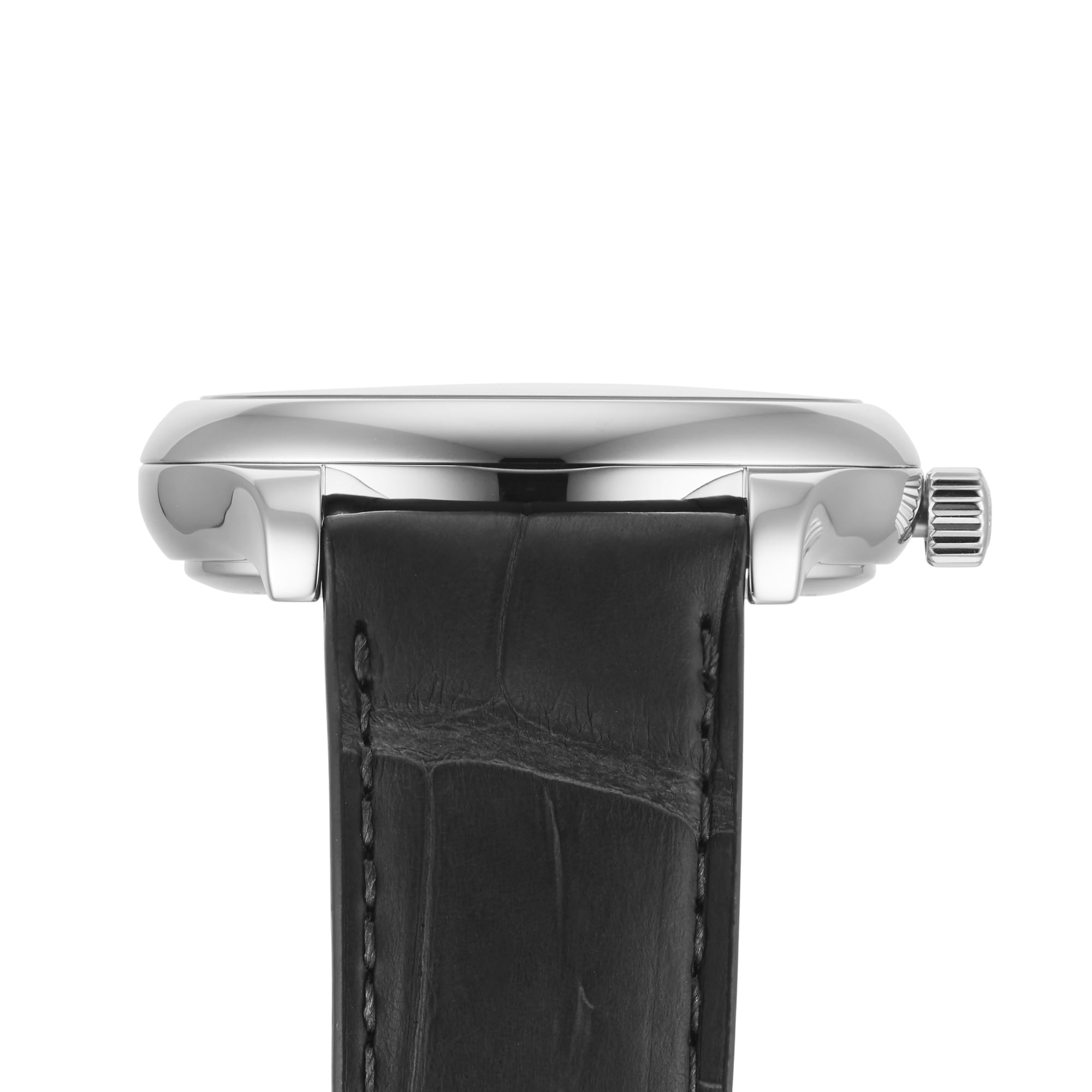 Close-up side view of the Longines Master Collection wristwatch featuring a silver case, crown, black leather strap, and a salmon pink dial with self-winding movement.