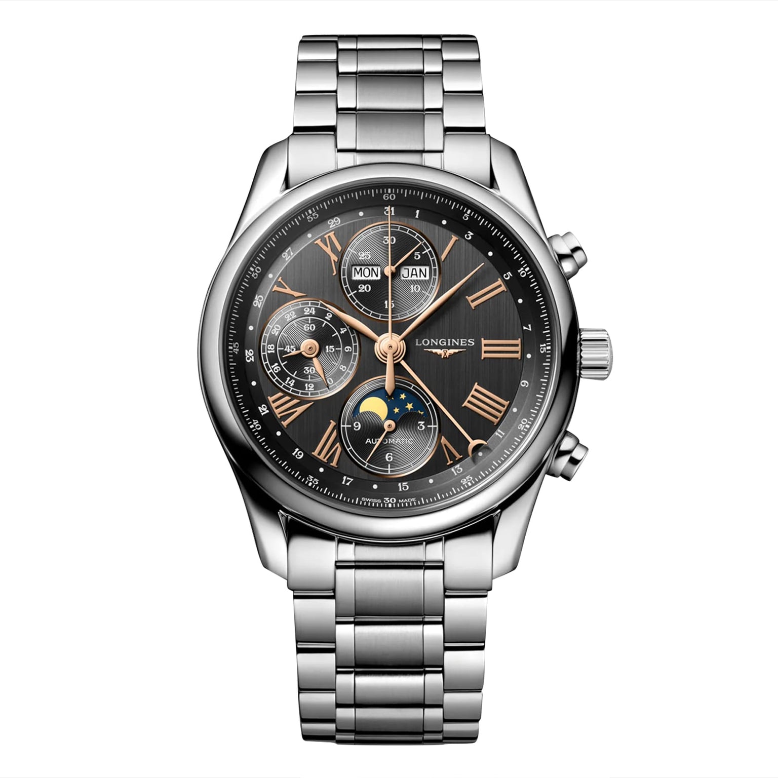 The Longines Master Collection Chrono Moonphase is a stainless steel wristwatch featuring a black dial, gold Roman numerals, subdials, day and month display, moon-phase display, and a metal link bracelet—timeless elegance.