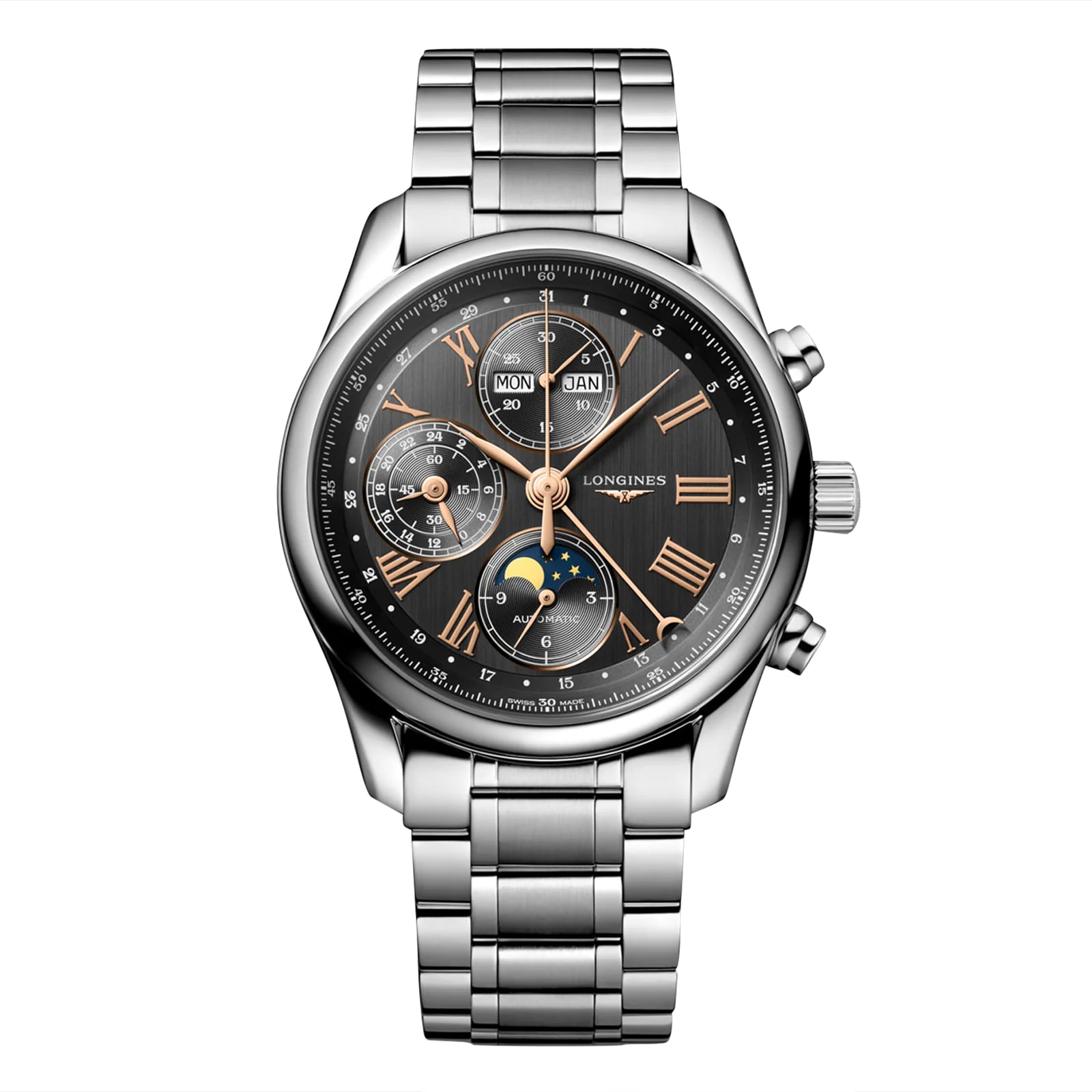 The Longines Master Collection Chrono Moonphase is a stainless steel wristwatch featuring a black dial, gold Roman numerals, subdials, day and month display, moon-phase display, and a metal link bracelet—timeless elegance.