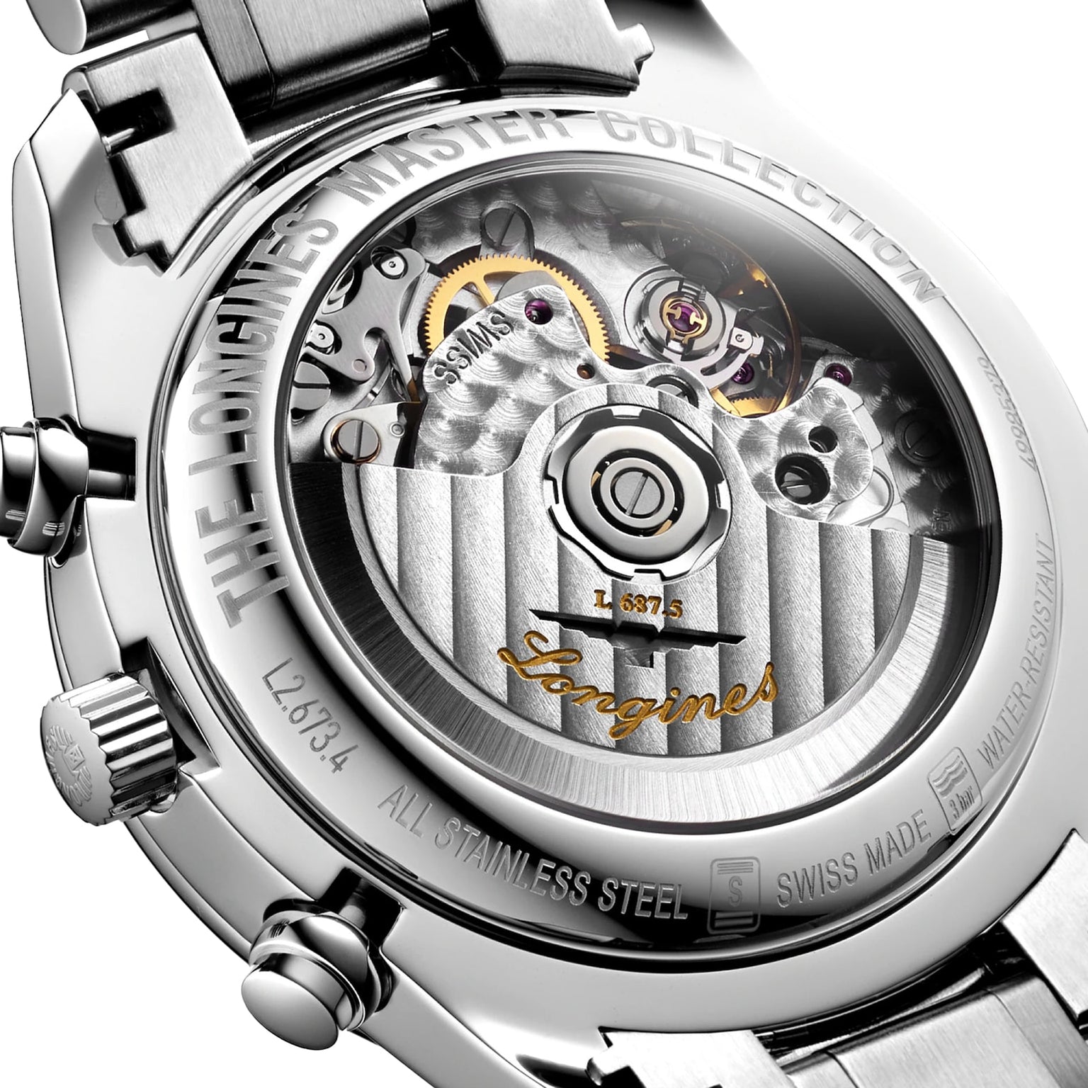 Close-up of the transparent case back of the Longines Master Collection Chrono Moonphase, displaying its automatic movement and engraved brand details.