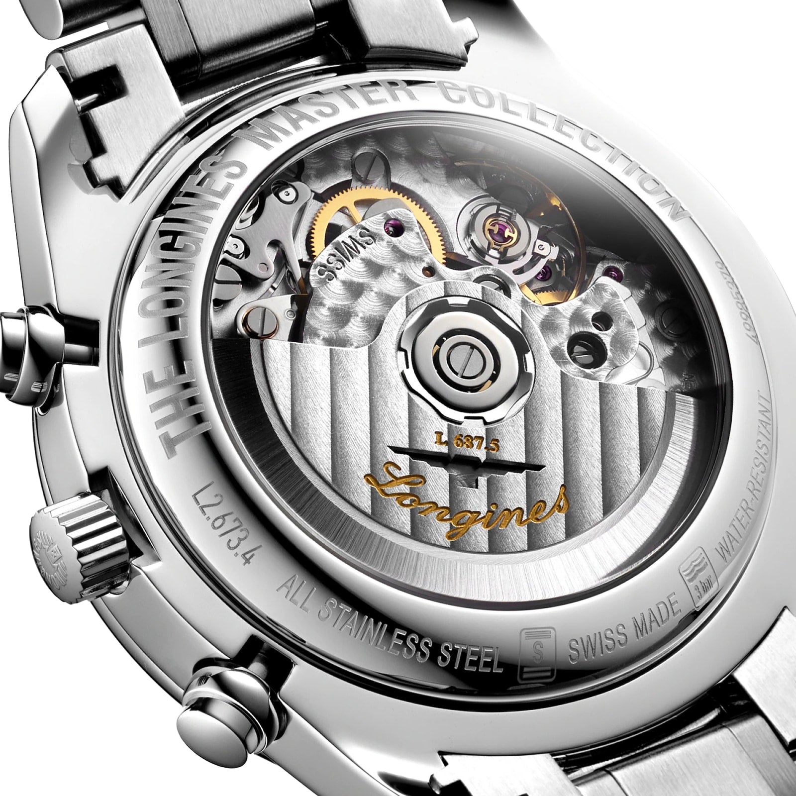 Close-up of the transparent case back of the Longines Master Collection Chrono Moonphase, displaying its automatic movement and engraved brand details.