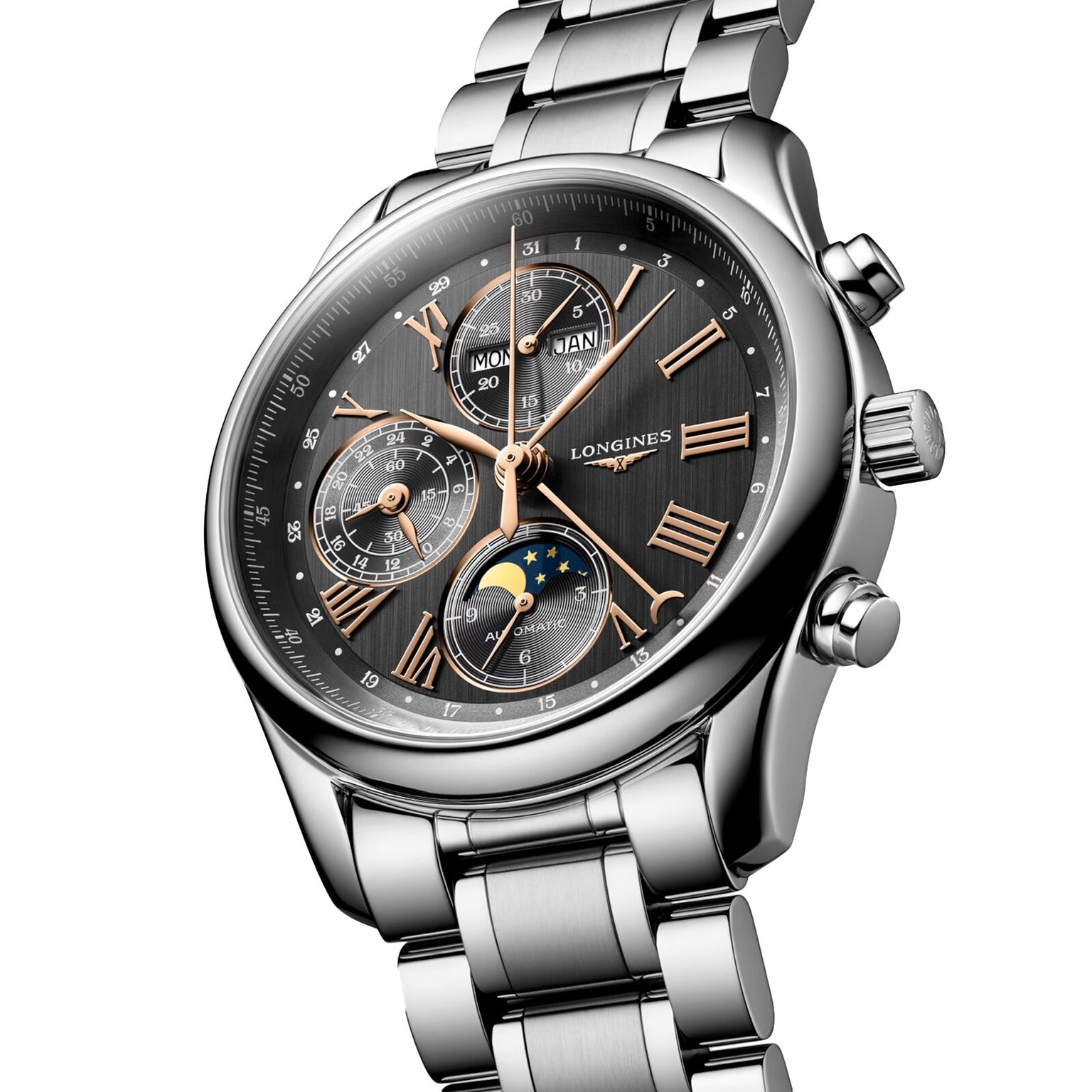 Close-up of the Longines Master Collection Chrono Moonphase: a silver wristwatch featuring a black dial, gold-tone hands, day, date, month subdials, and sophisticated moon-phase display on a stainless steel bracelet.