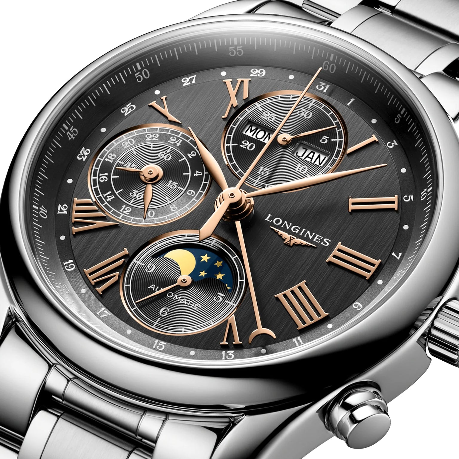 Close-up of the Longines Master Collection Chrono Moonphase, featuring a black dial, gold Roman numerals, subdials for day, date, and 24-hour time, plus an elegant moon-phase display on a metal band—ideal for watch enthusiasts.
