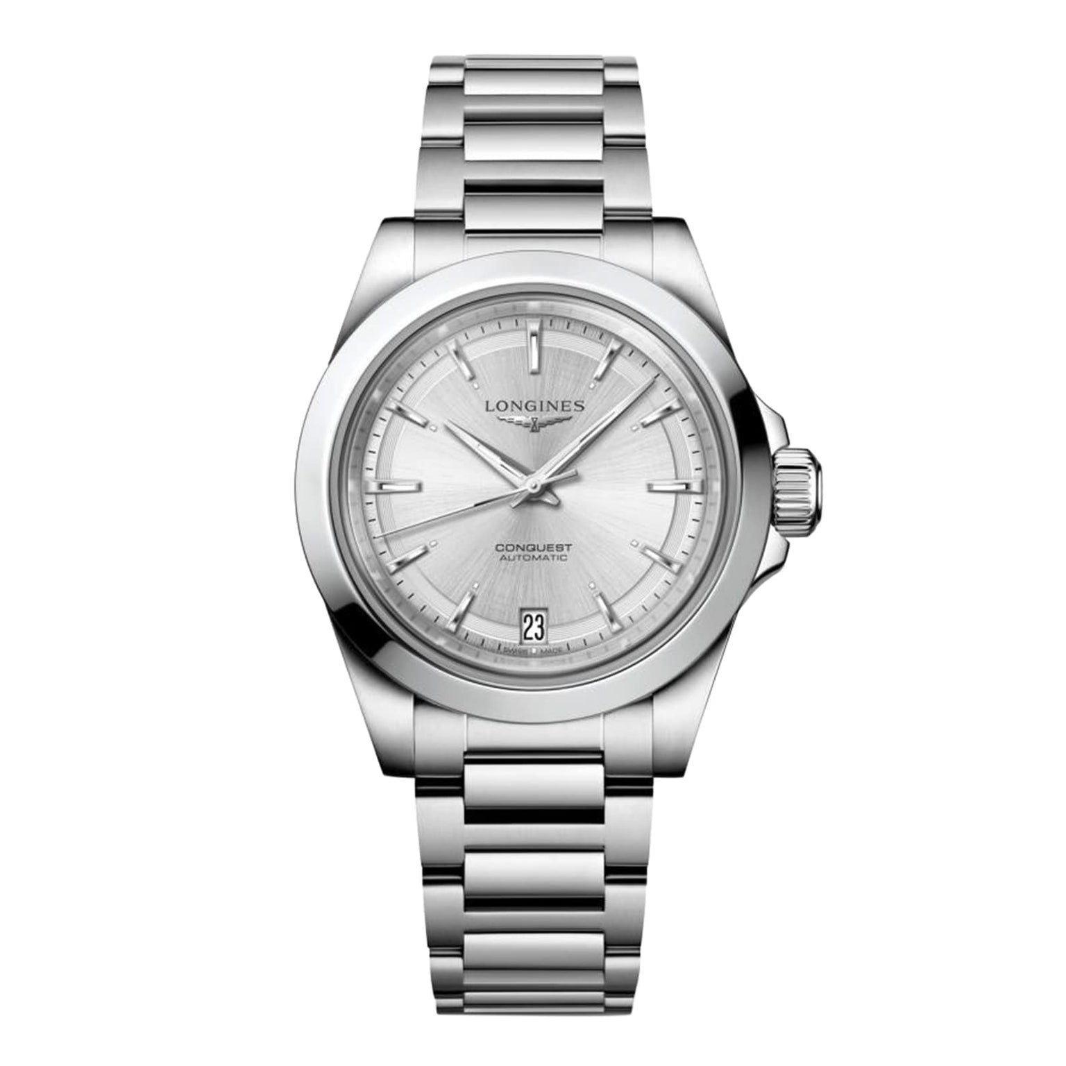 The Longines Conquest wristwatch boasts a stainless steel case, metal link band, silver dial, date window at 6 o’clock, simple hour markers, and automatic movement.