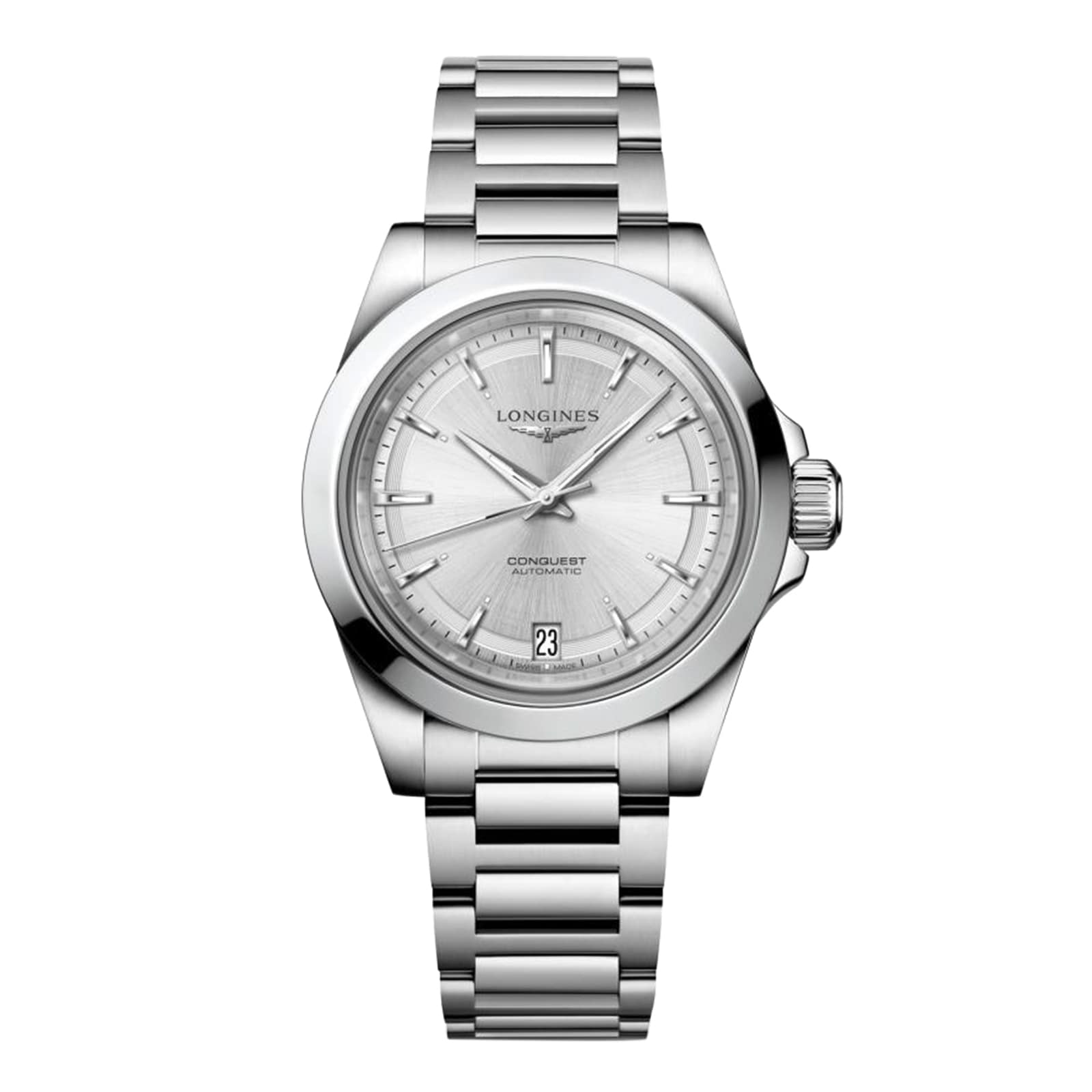 The Longines Conquest wristwatch boasts a stainless steel case, metal link band, silver dial, date window at 6 o’clock, simple hour markers, and automatic movement.