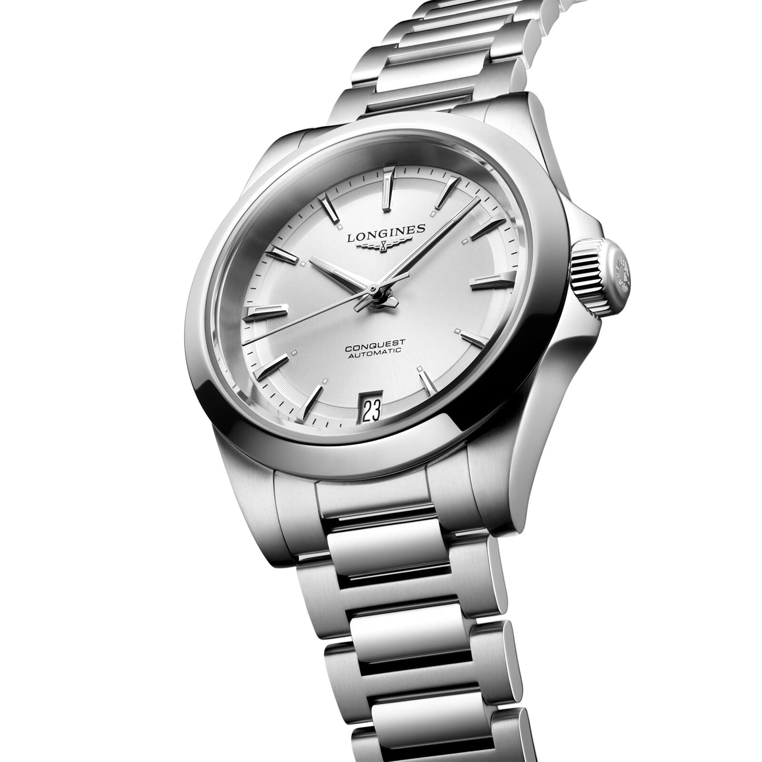 The Longines Conquest automatic wristwatch features a stainless steel case, silver dial, date at 6 o’clock, and a metal bracelet.
