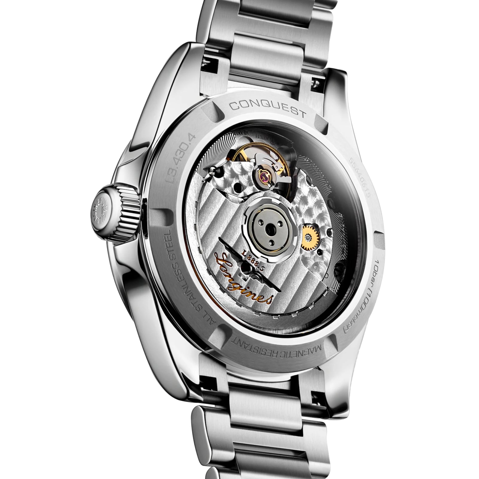 Close-up of the Longines Conquest’s stainless steel case, showcasing its exposed automatic movement and finely engraved details on the case and rotor.