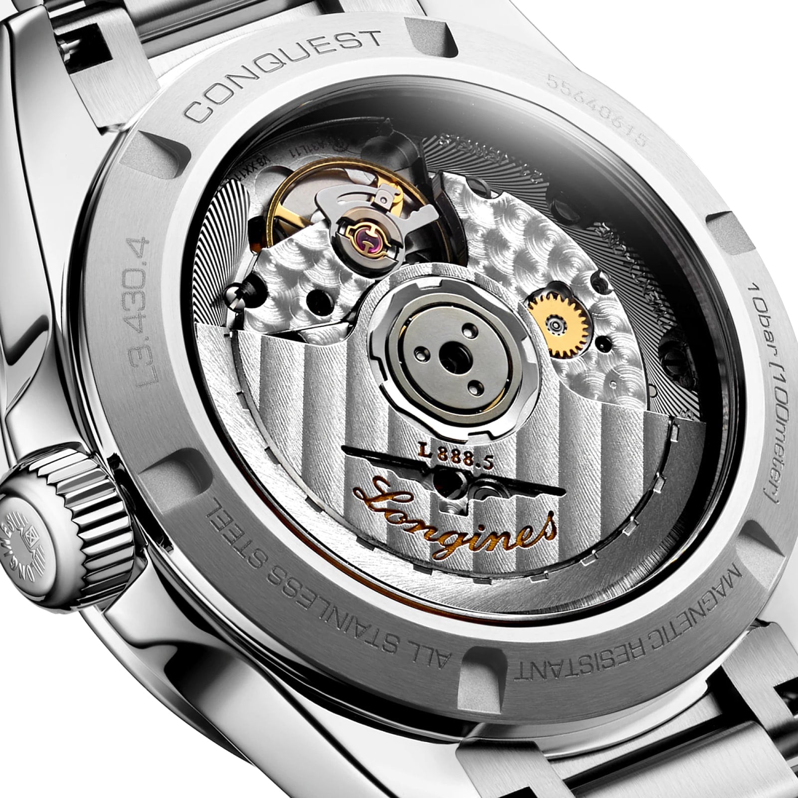Close-up of the Longines Conquest watch back, showcasing its stainless steel case with engraved branding and the exposed automatic movement.