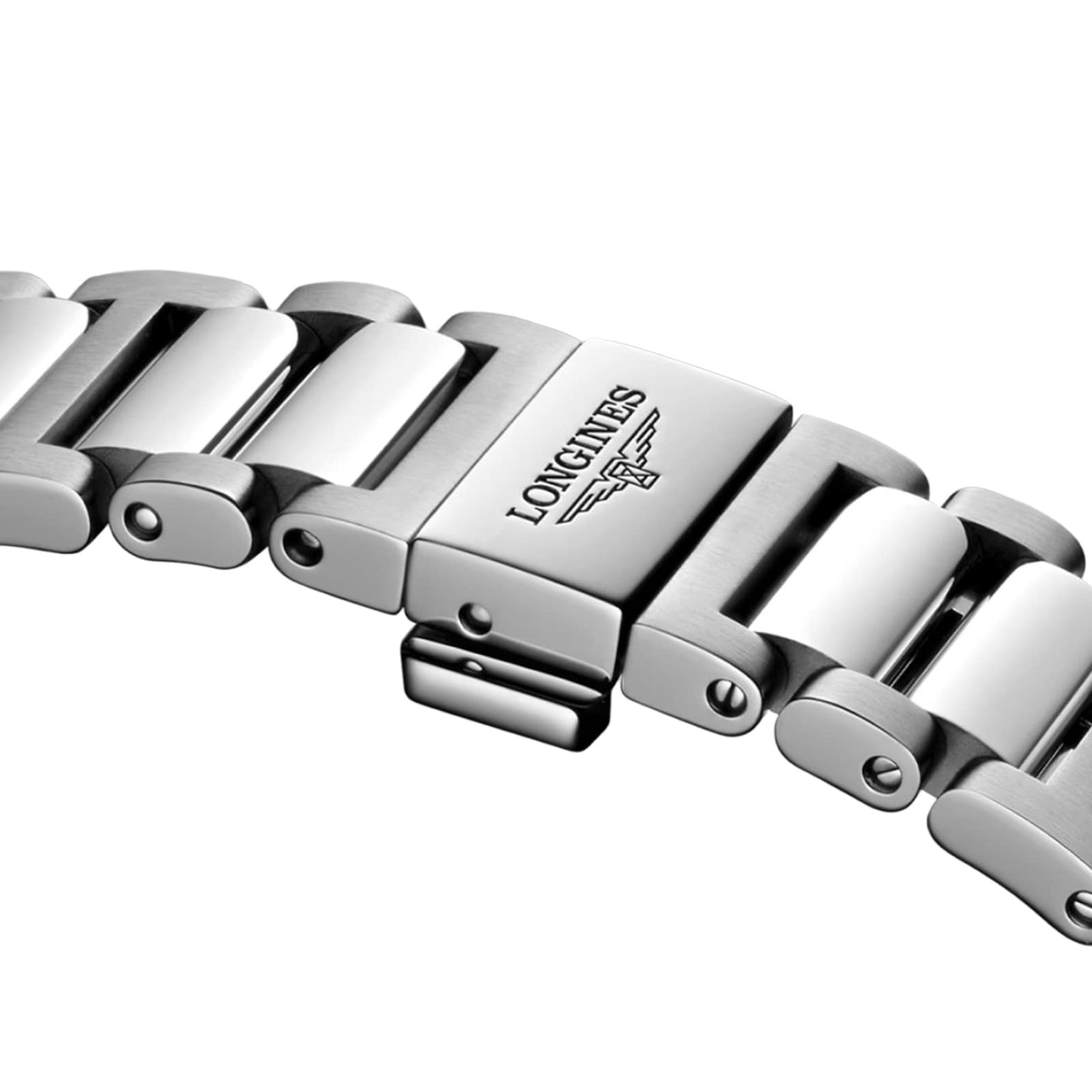 Close-up of the Longines Conquest bracelet in stainless steel, showing a deployment clasp engraved with the brands logo and name, combined with an automatic movement inside its polished case.