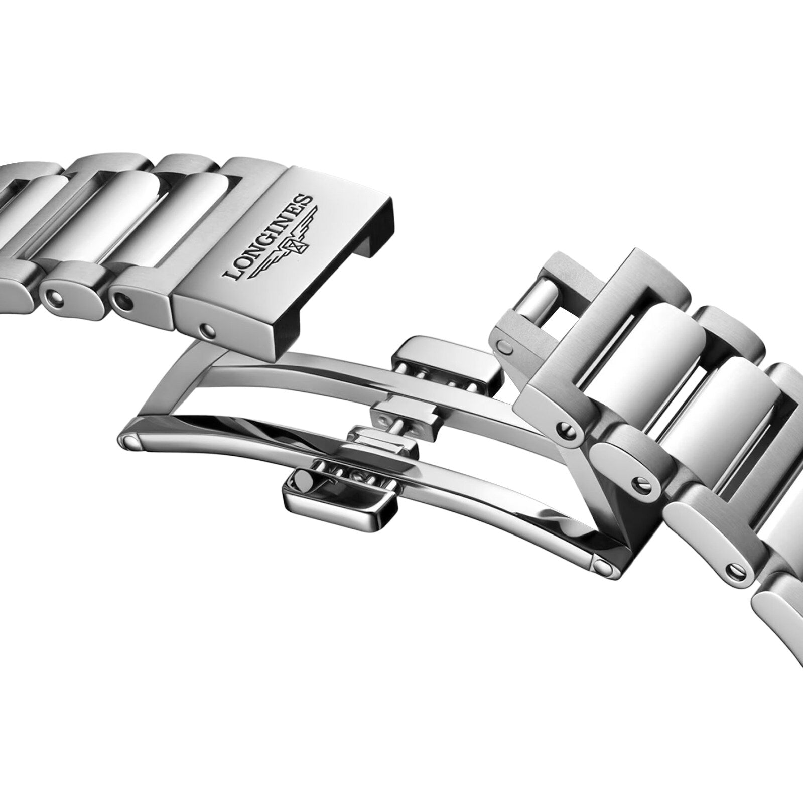 Close-up of a Longines Conquest bracelet in stainless steel, featuring an open deployment clasp engraved with the Longines logo and a glimpse of its sturdy stainless steel case.