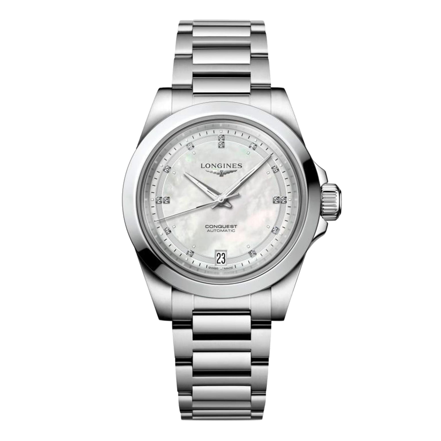 A Longines Conquest watch with a stainless steel case, silver bracelet, white dial, date at 6 o’clock, and silver-tone hands and markers from the renowned Conquest collection.