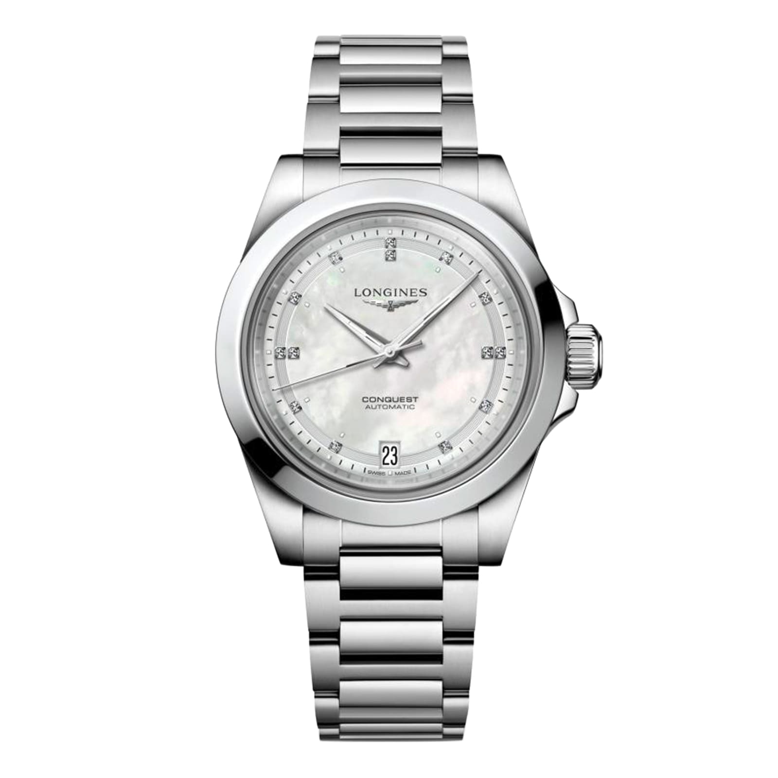 A Longines Conquest watch with a stainless steel case, silver bracelet, white dial, date at 6 o’clock, and silver-tone hands and markers from the renowned Conquest collection.