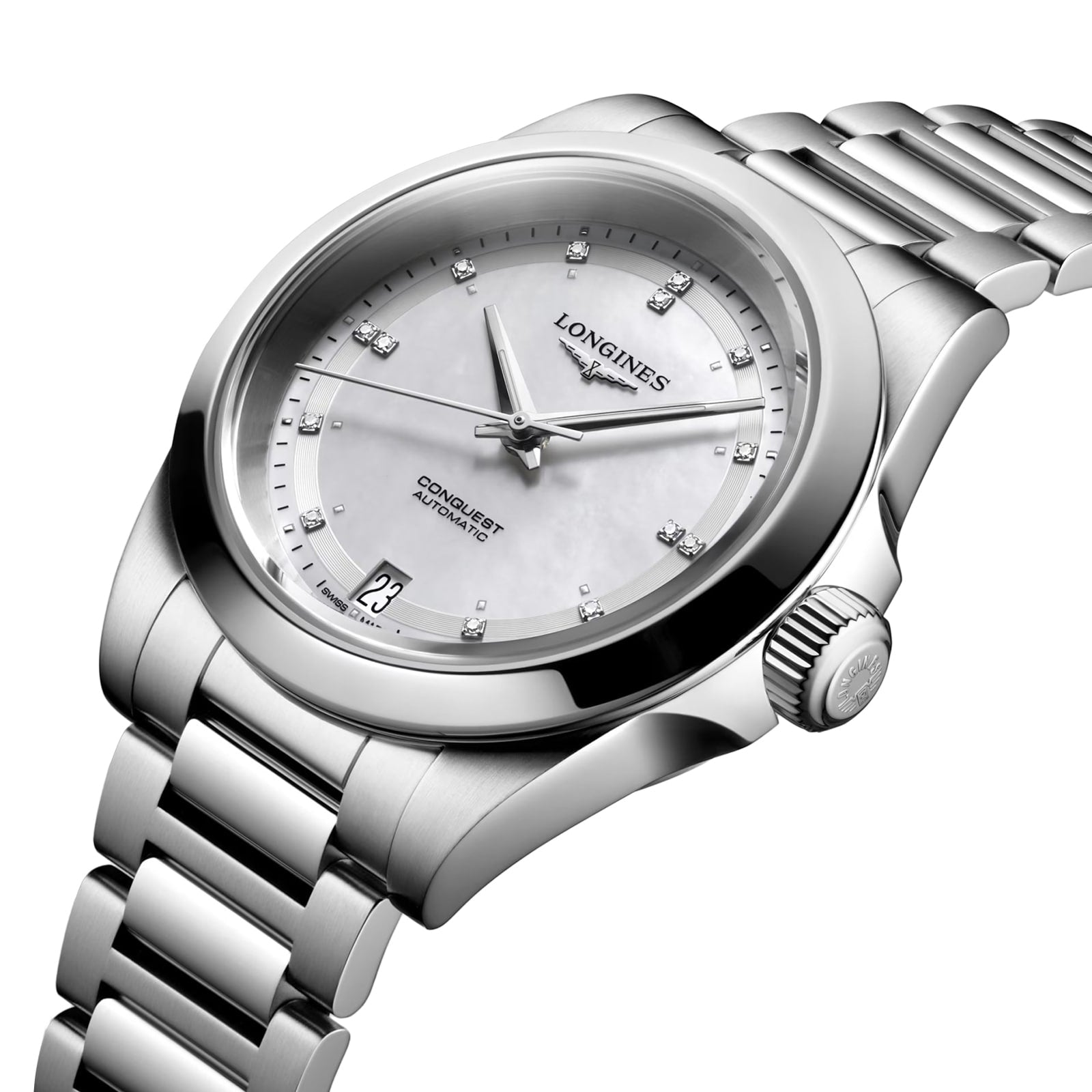 The Longines Conquest is a stainless steel automatic watch featuring a white mother-of-pearl dial, diamond hour markers, L888 calibre movement, and date display at 6 oclock.
