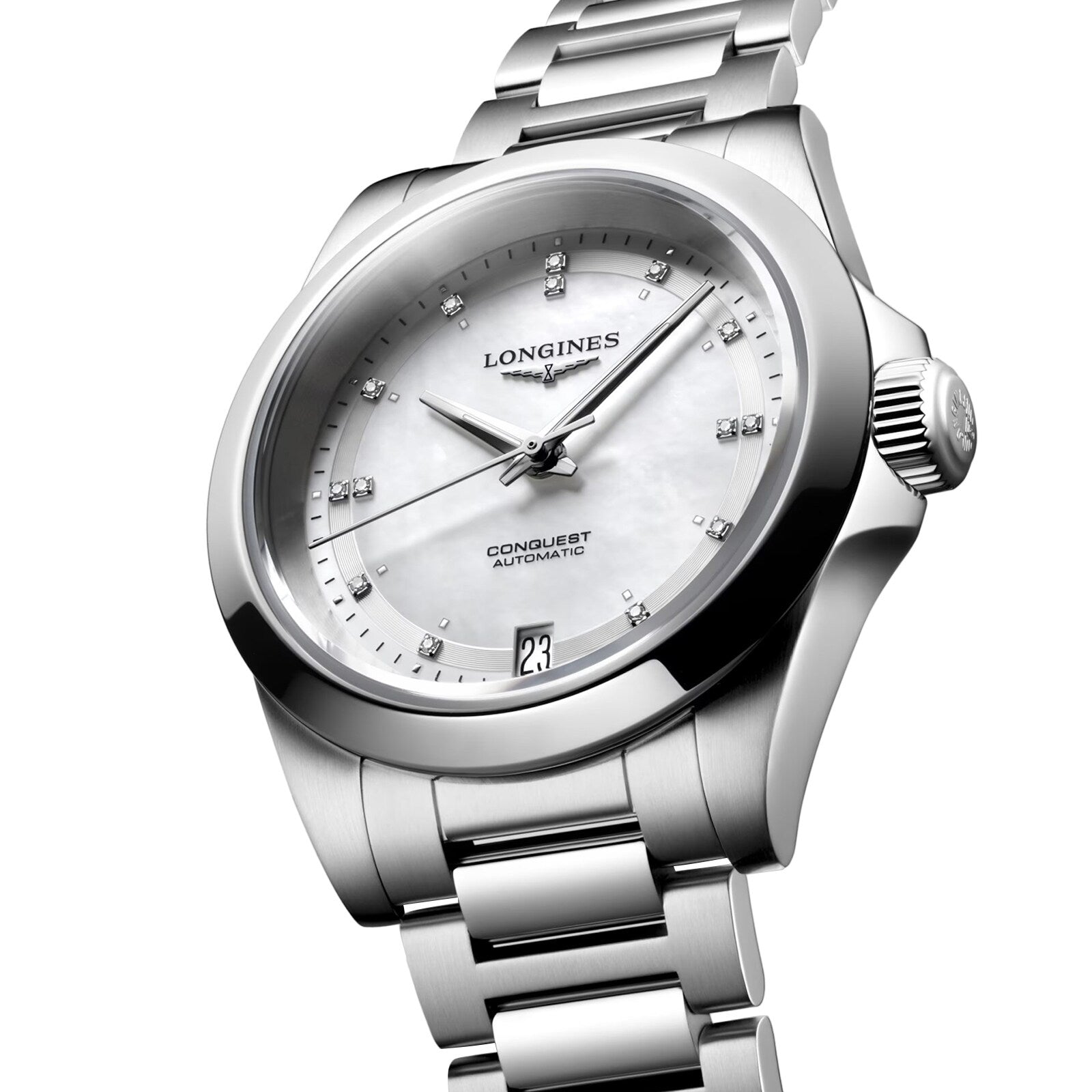 The Longines Conquest wristwatch features a silver case, white dial, diamond hour markers, and a date display at 6 o’clock.
