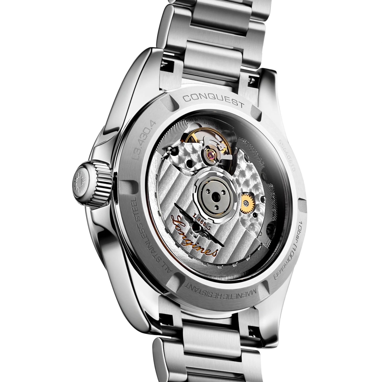 Close-up of the back of a Longines Conquest stainless steel wristwatch, revealing its detailed mechanical movement and internal components through a transparent case back.