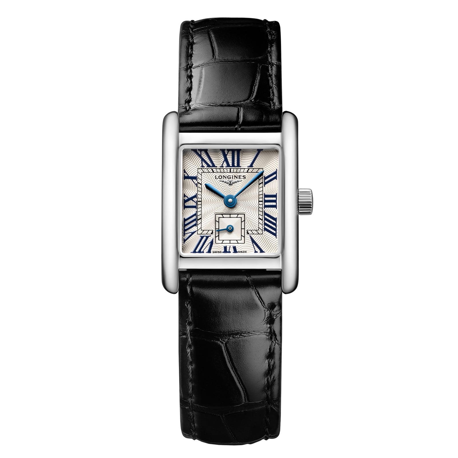 The Longines Mini DolceVita is a rectangular silver wristwatch with a stainless steel case, black leather strap, white dial, blue Roman numerals and hands, sapphire crystal, and a small seconds subdial above 6 o’clock.