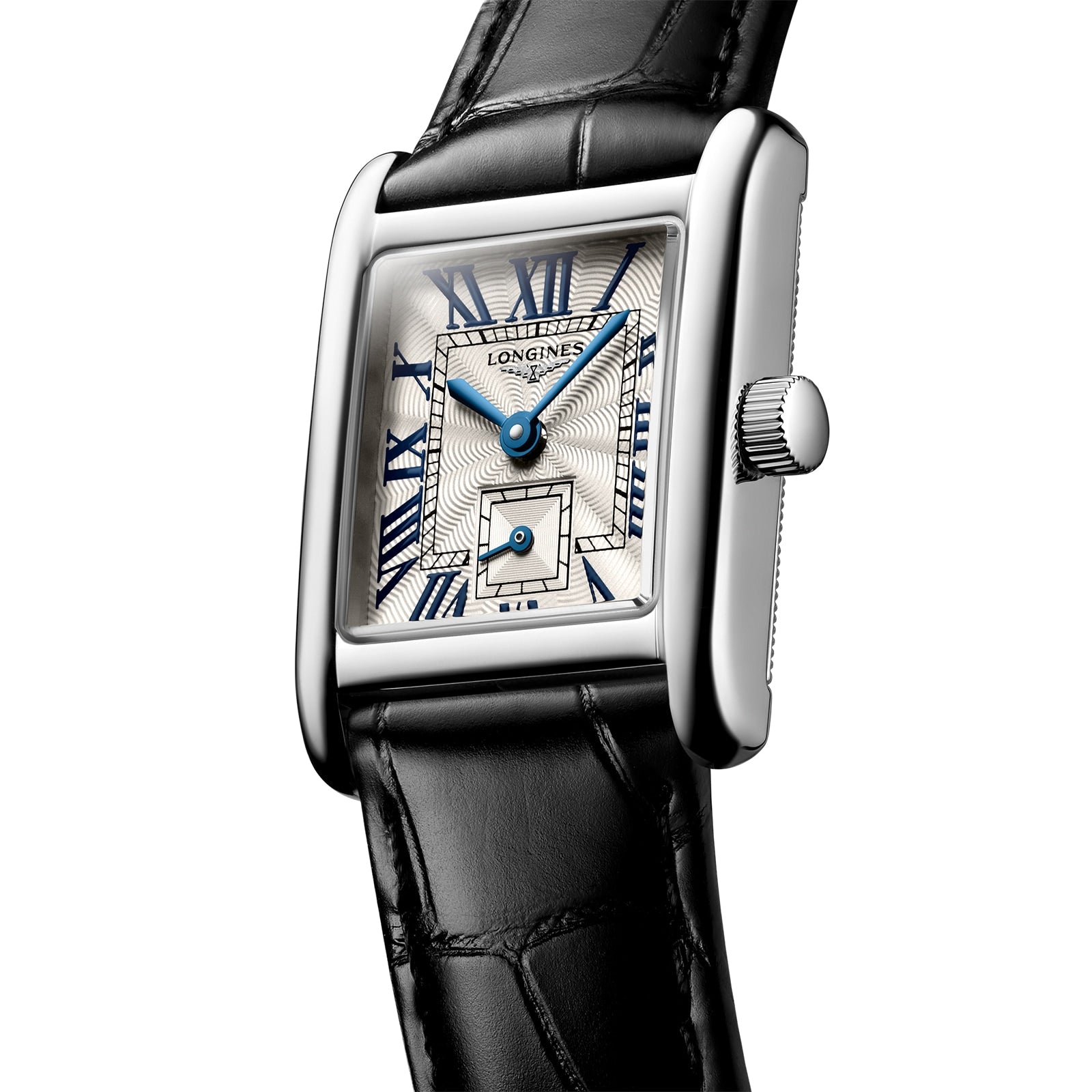 The Longines Mini DolceVita features a rectangular stainless steel case, white dial with blue hands, Roman numerals, small seconds subdial, and a black leather strap topped with sapphire crystal.