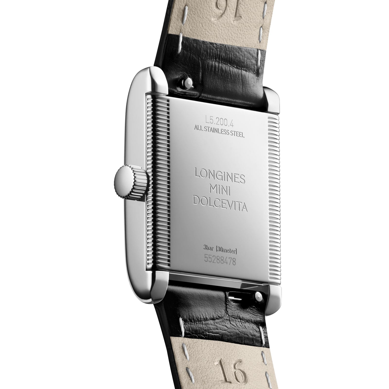 Close-up of the Longines Mini DolceVita reveals its engraved rectangular stainless steel case and refined black leather strap, all beneath a durable sapphire crystal.